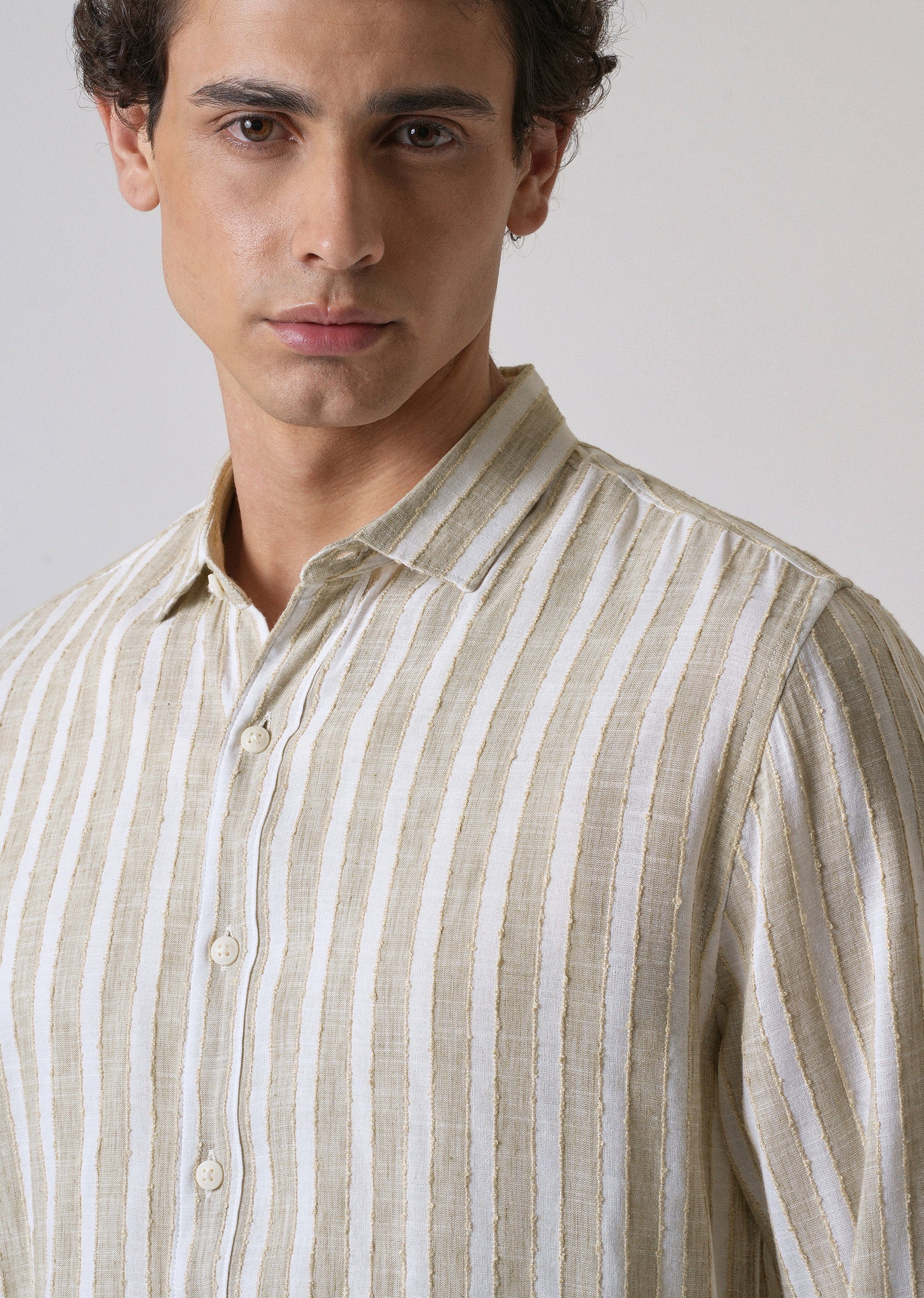 Beige Blended Cotton Striped Shirt