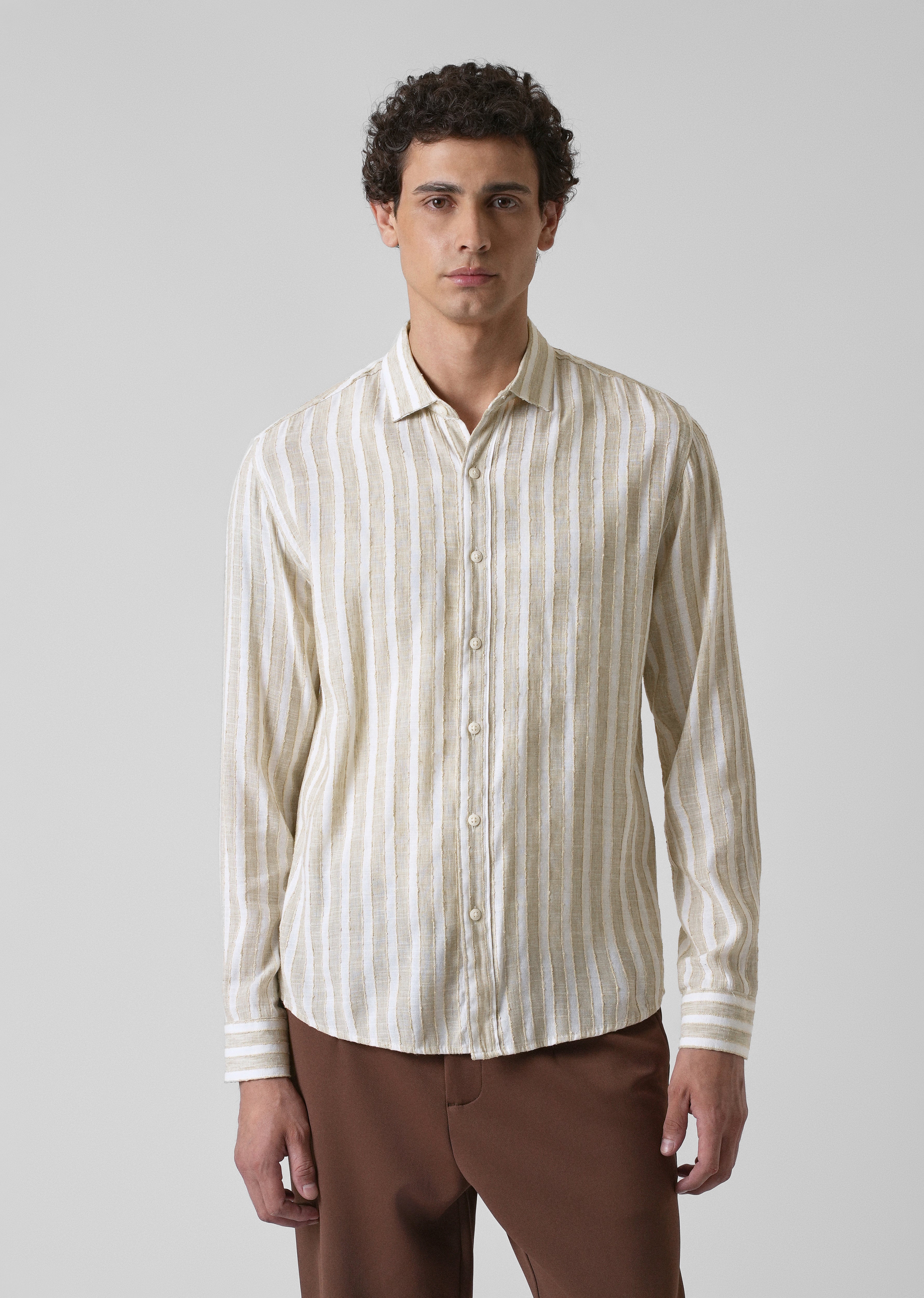 Beige Blended Cotton Striped Shirt