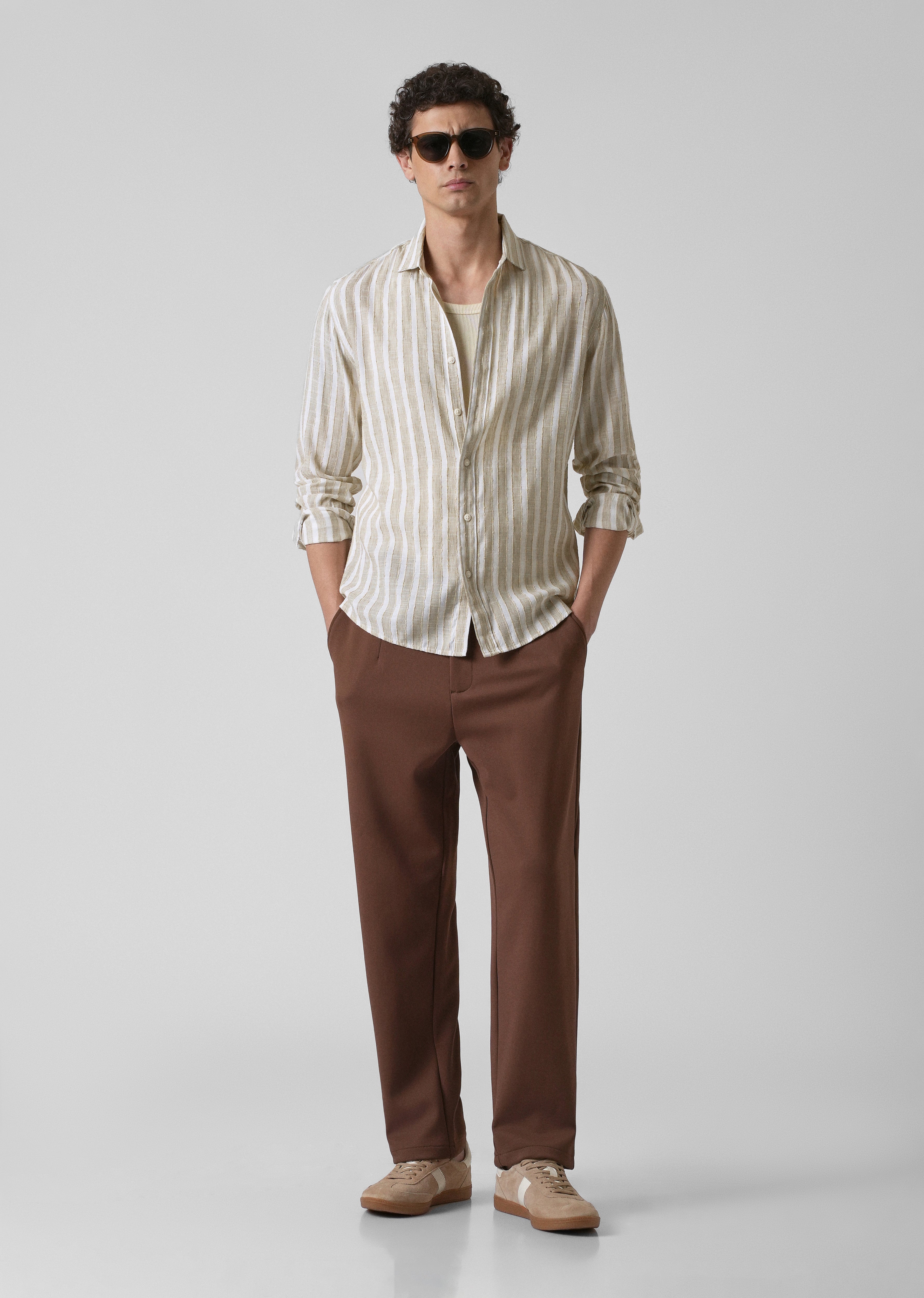 Beige Blended Cotton Striped Shirt