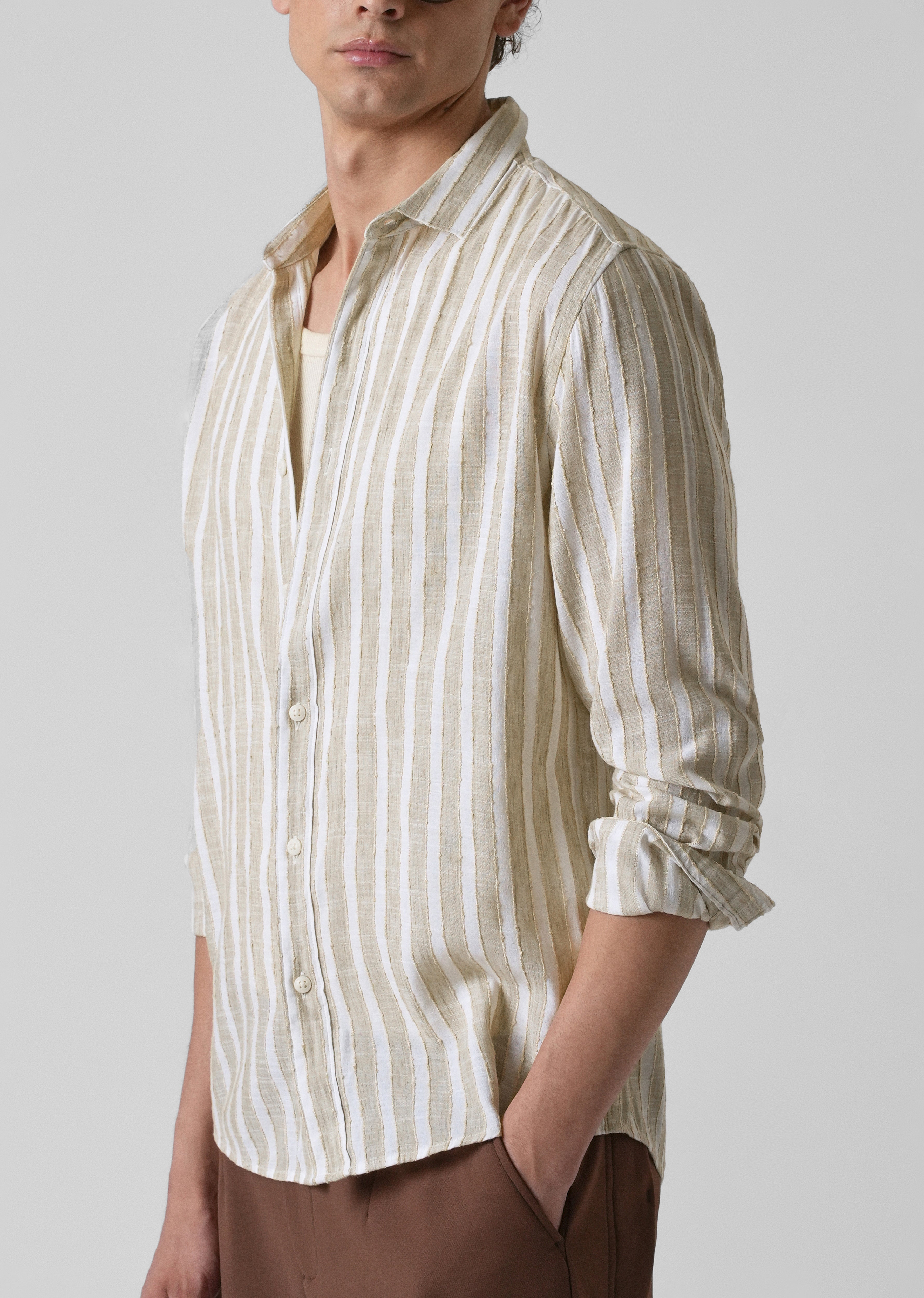 Beige Blended Cotton Striped Shirt