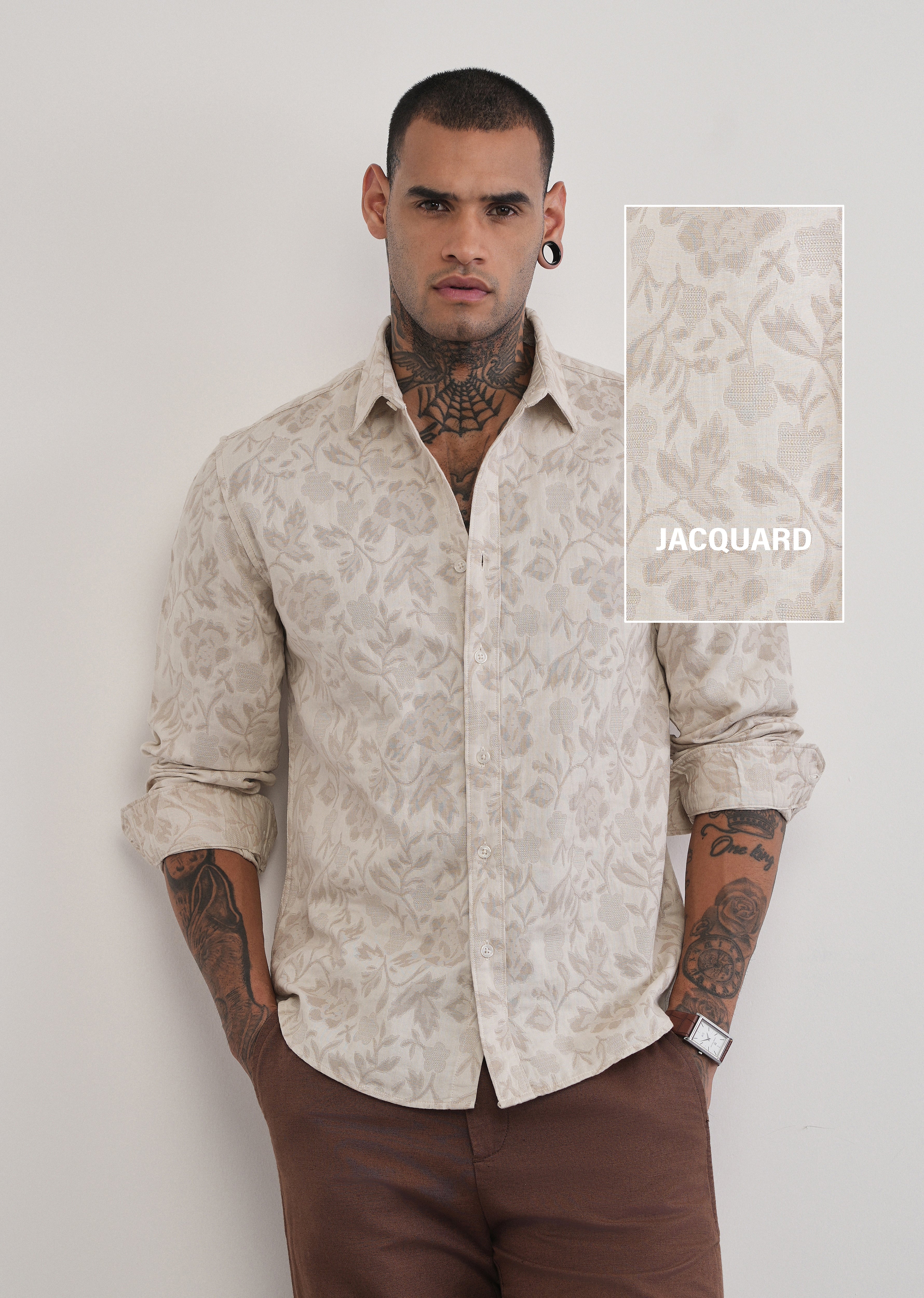 Beige Floral Cotton Jacquard Shirt