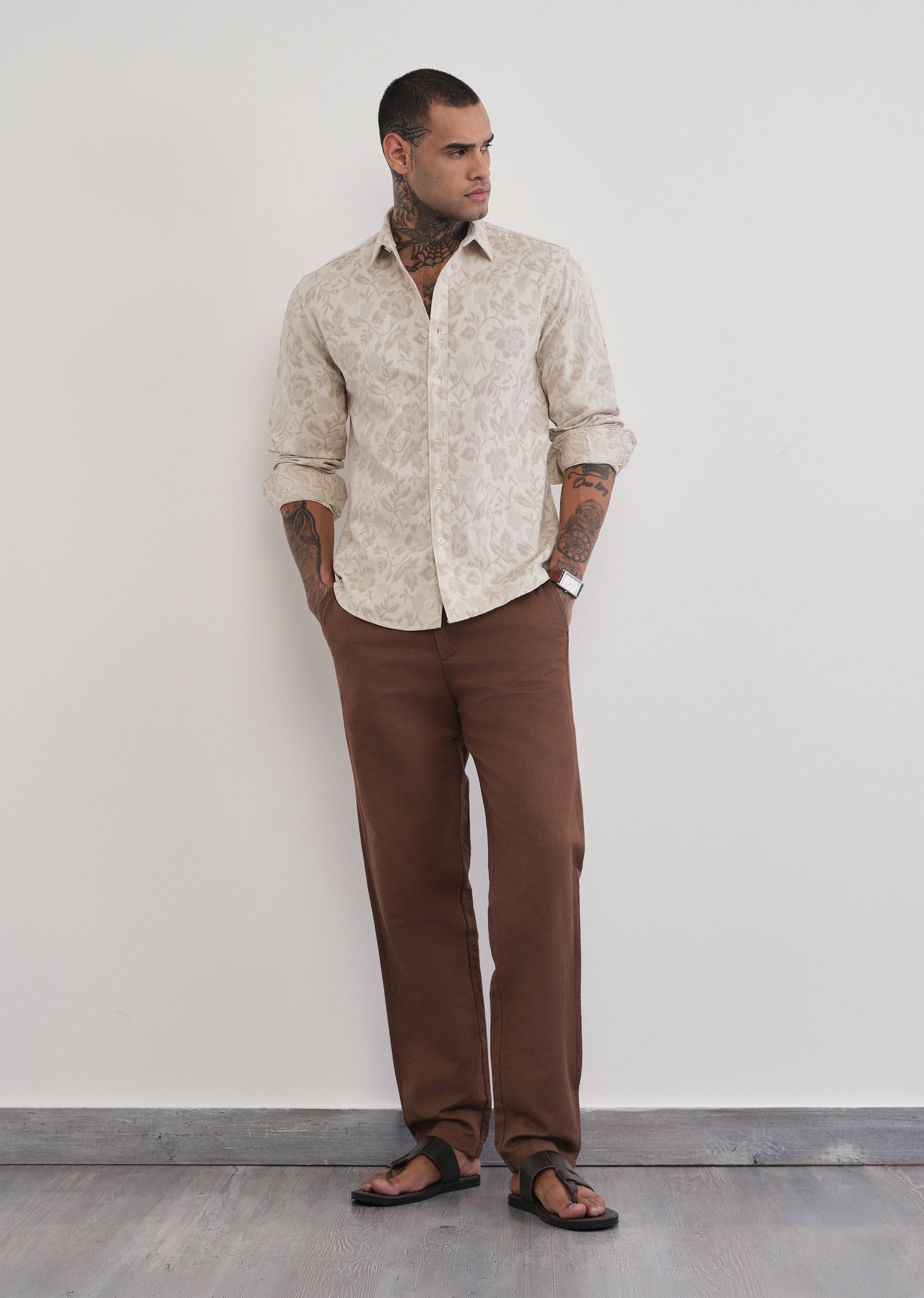 Beige Floral Cotton Jacquard Shirt