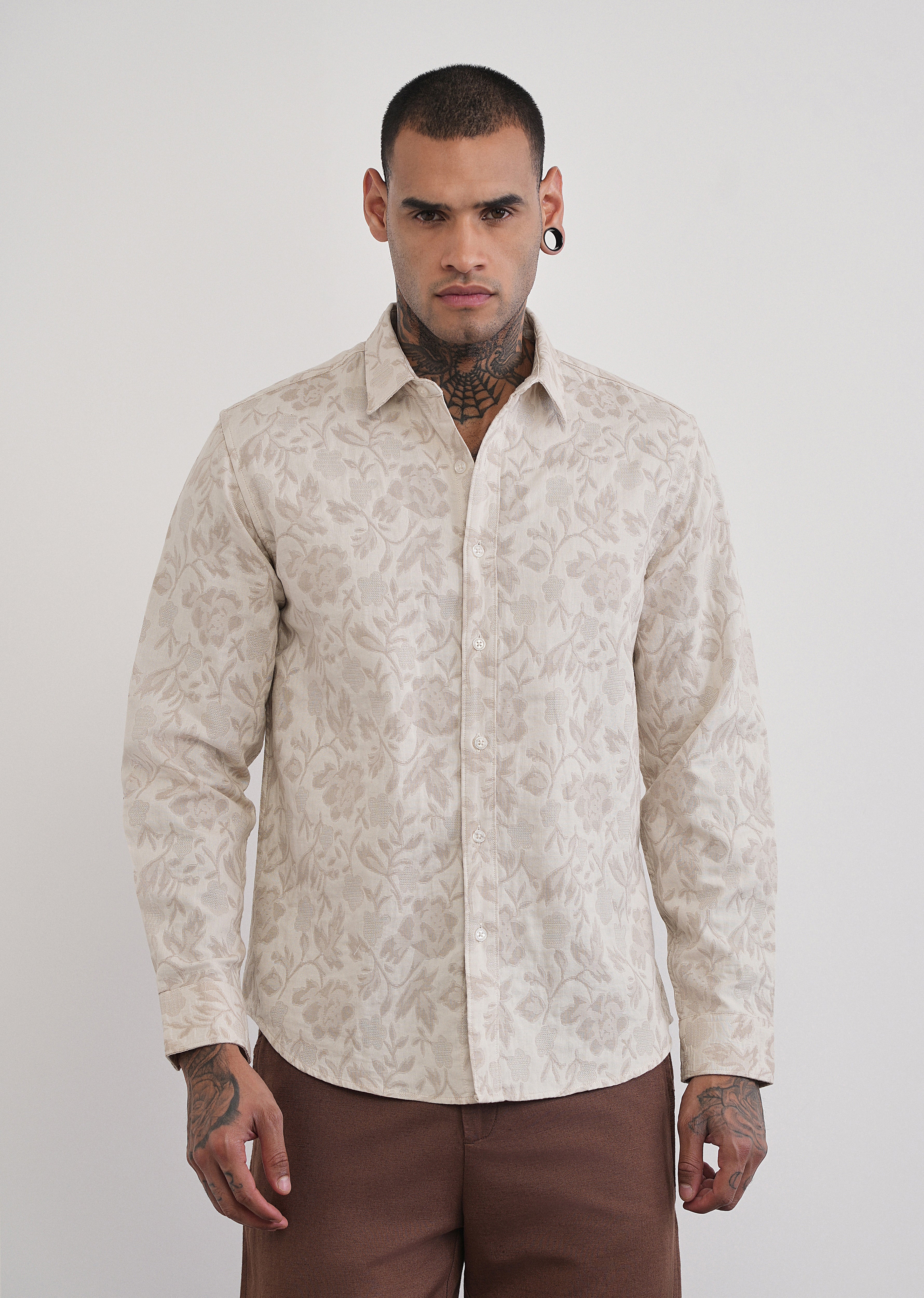 Beige Floral Cotton Jacquard Shirt