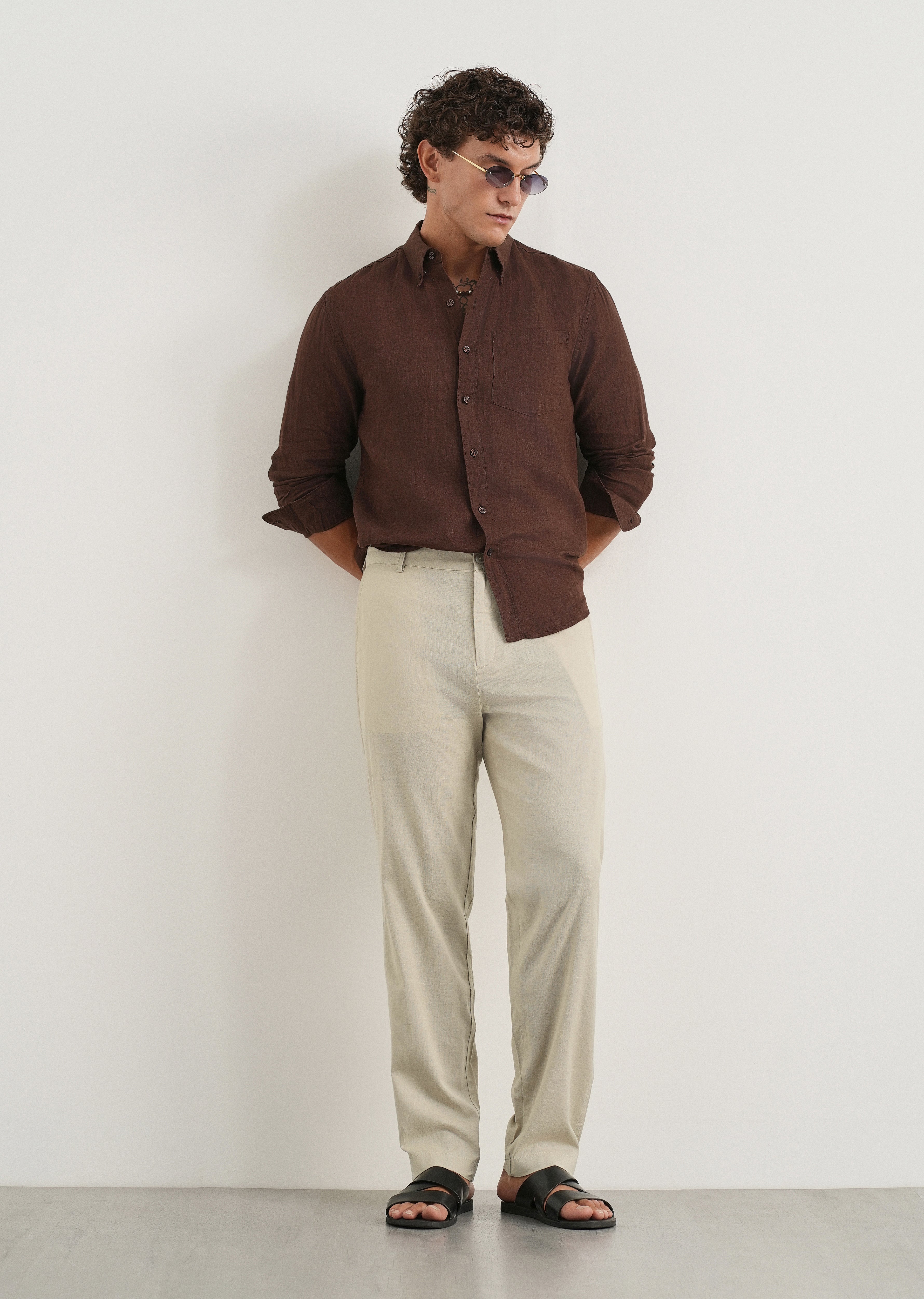 Beige Cotton Linen Regular Fit Pant