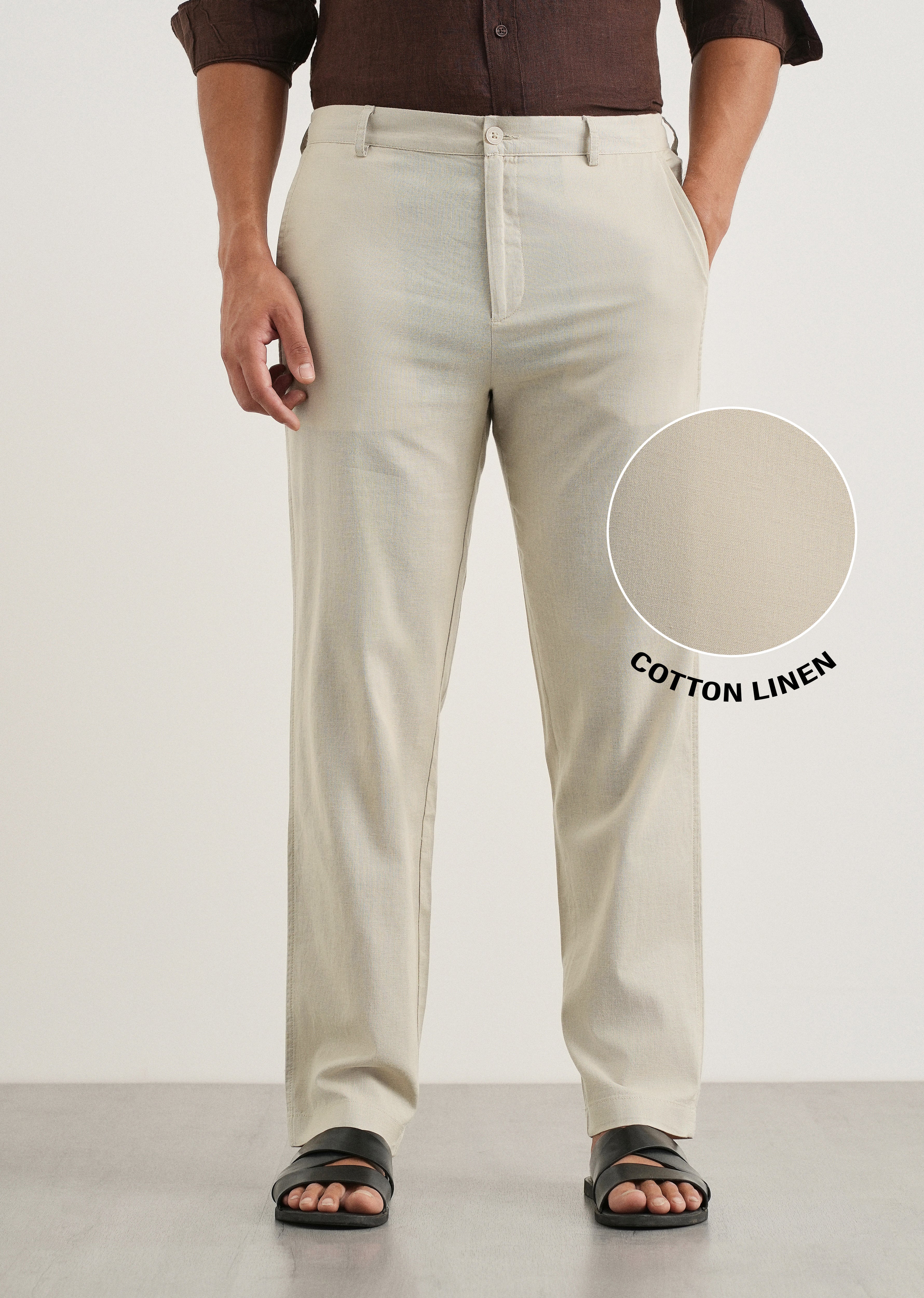 Beige Cotton Linen Regular Fit Pant