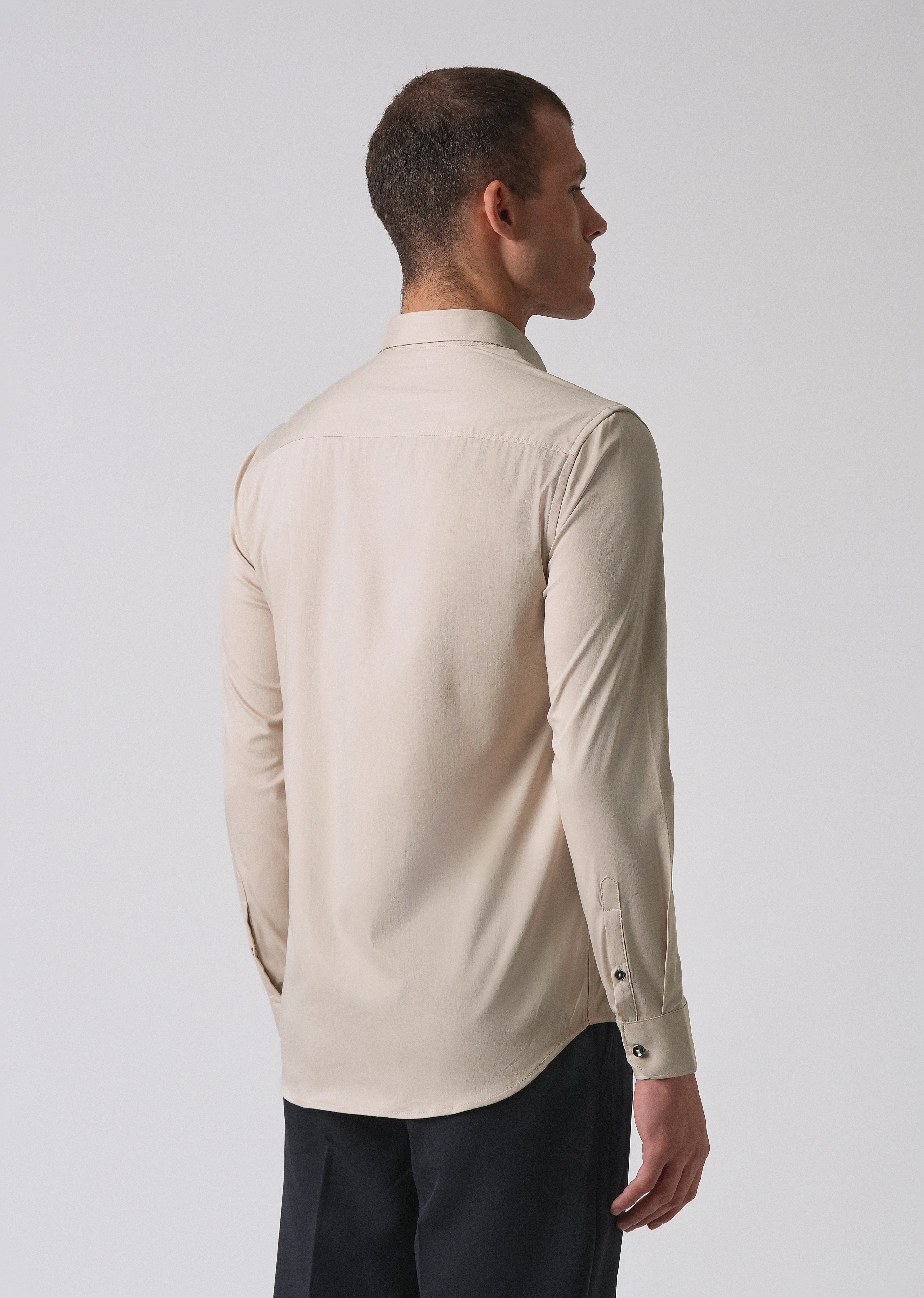 Beige Cotton Stretch Plain Shirt