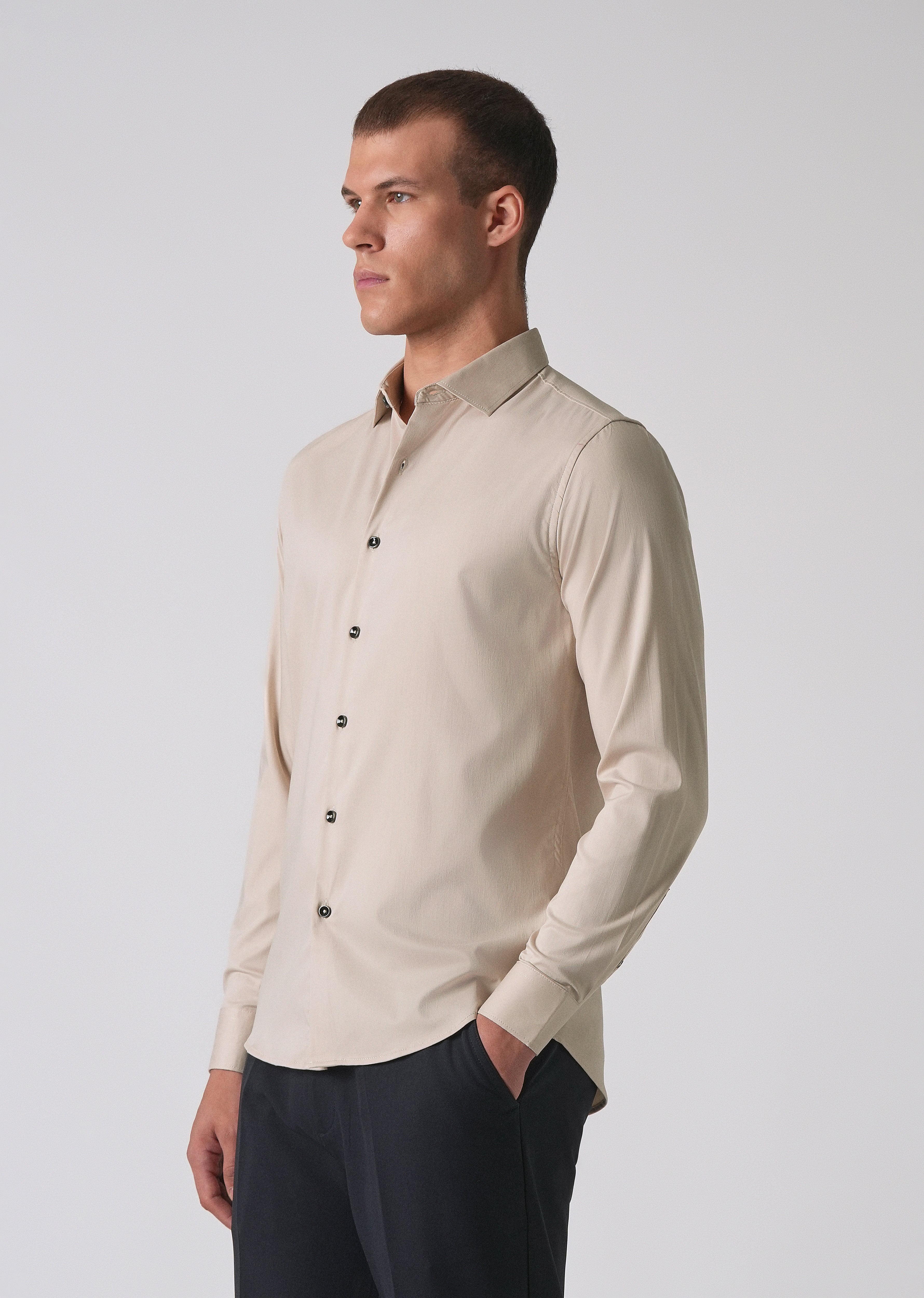 Beige Cotton Stretch Plain Shirt