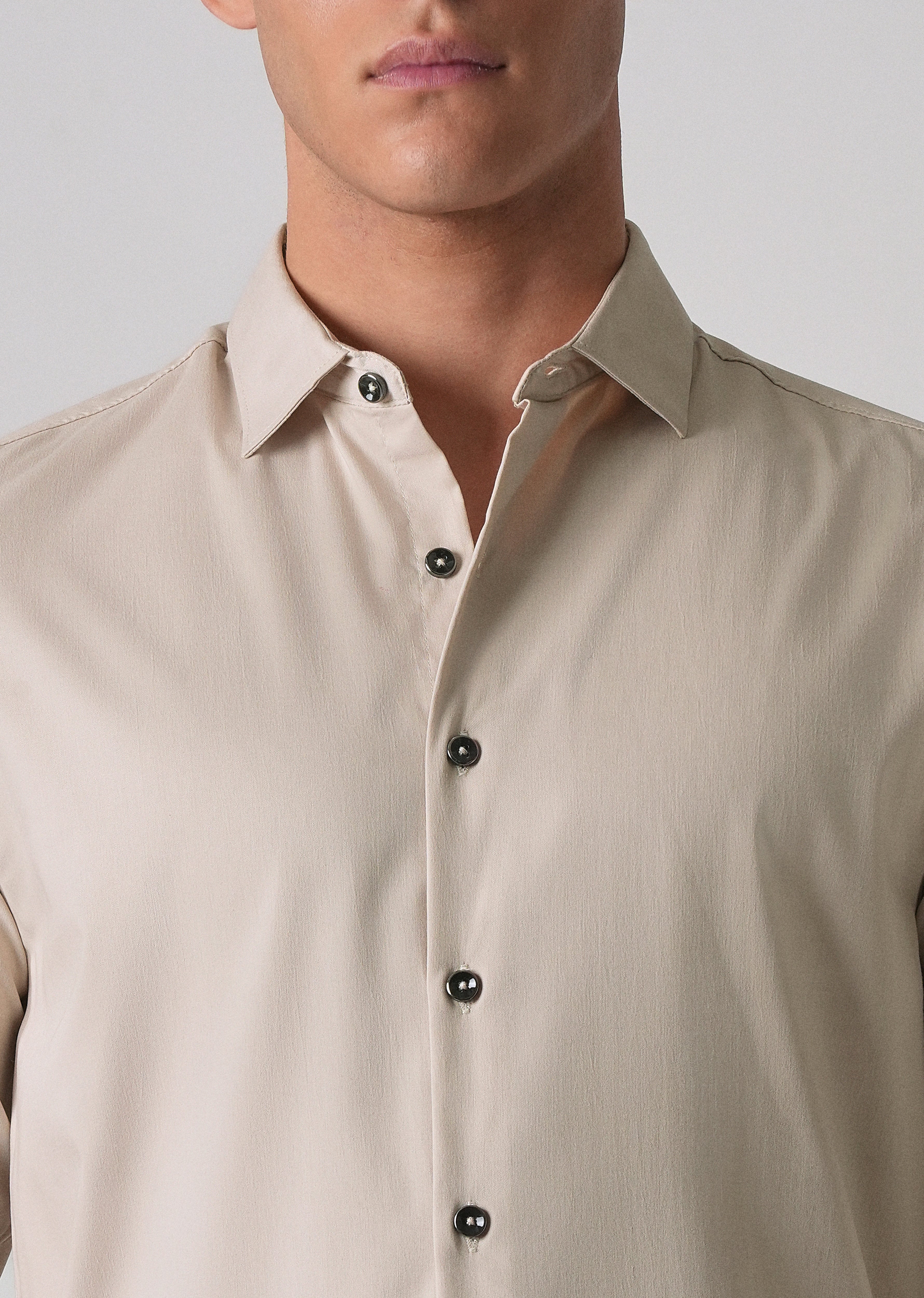 Beige Cotton Stretch Plain Shirt