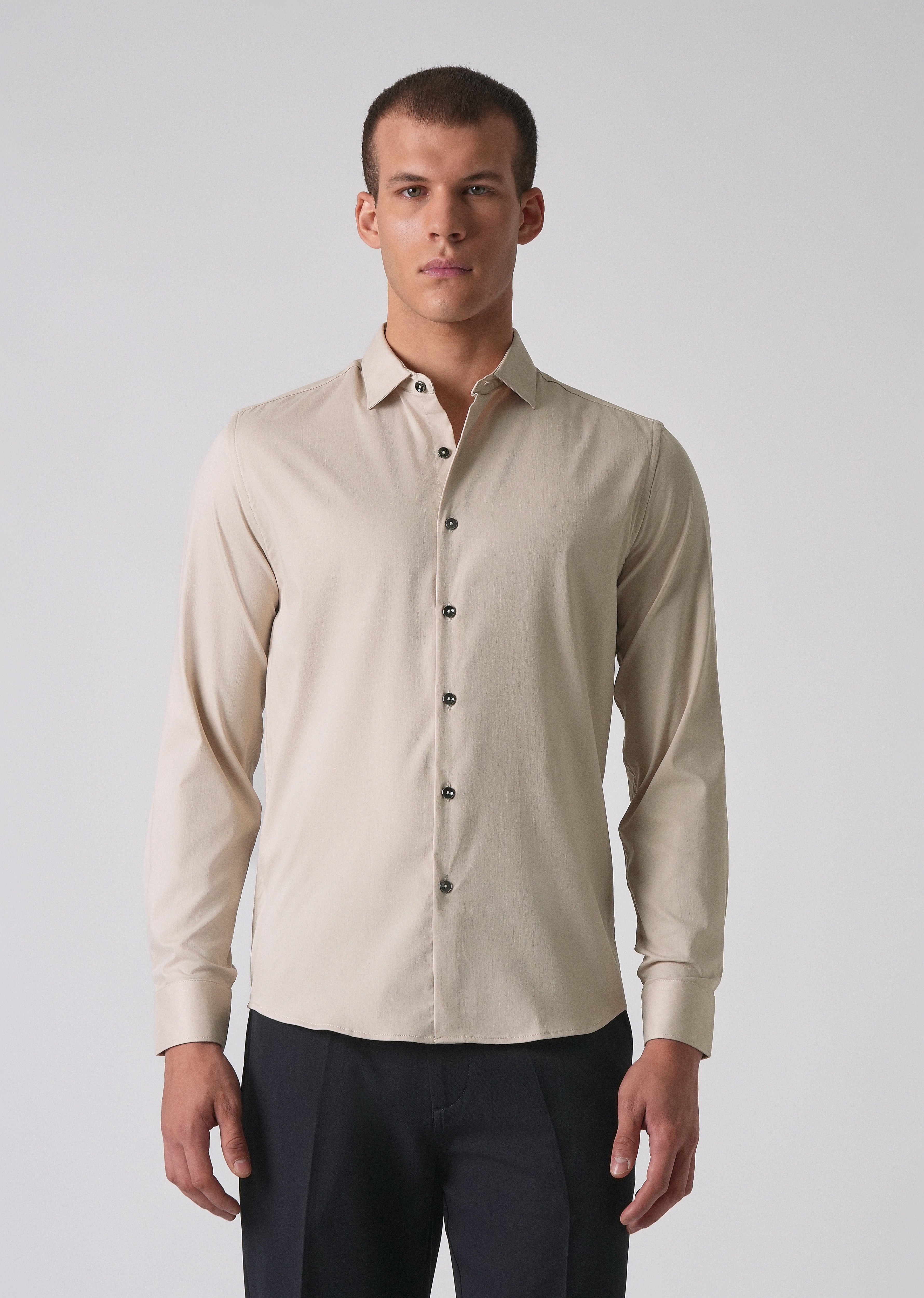 Beige Cotton Stretch Plain Shirt
