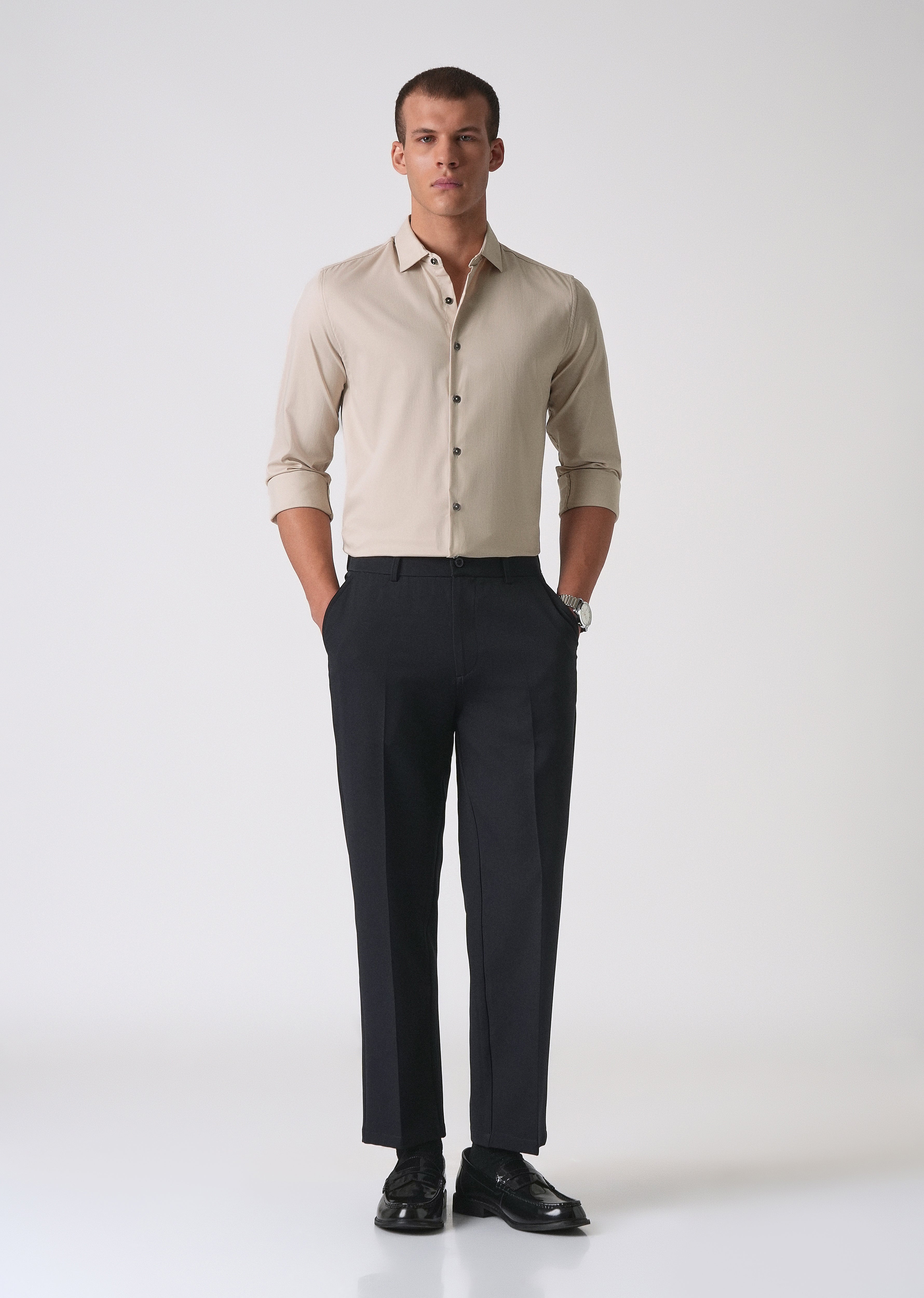 Beige Cotton Stretch Plain Shirt