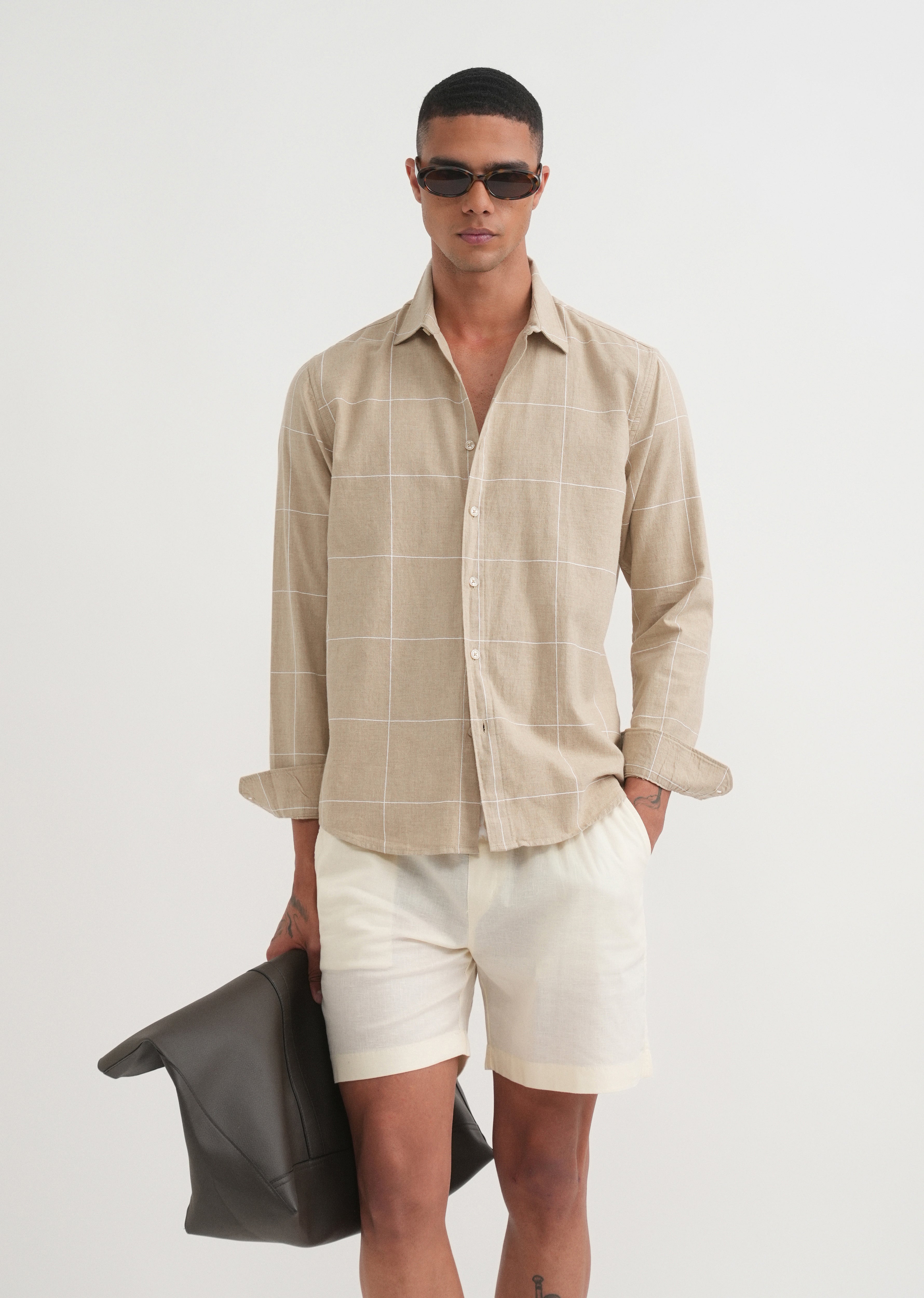 Beige Cotton Windowpane Check Shirt