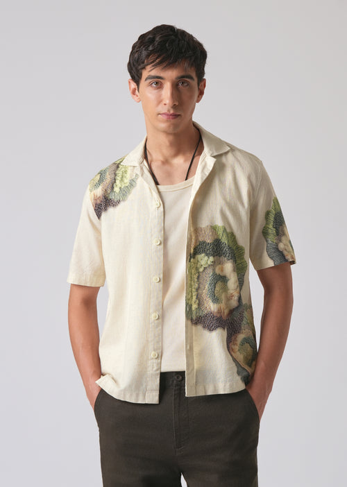 Beige Cotton/Linen Coral Print Shirt