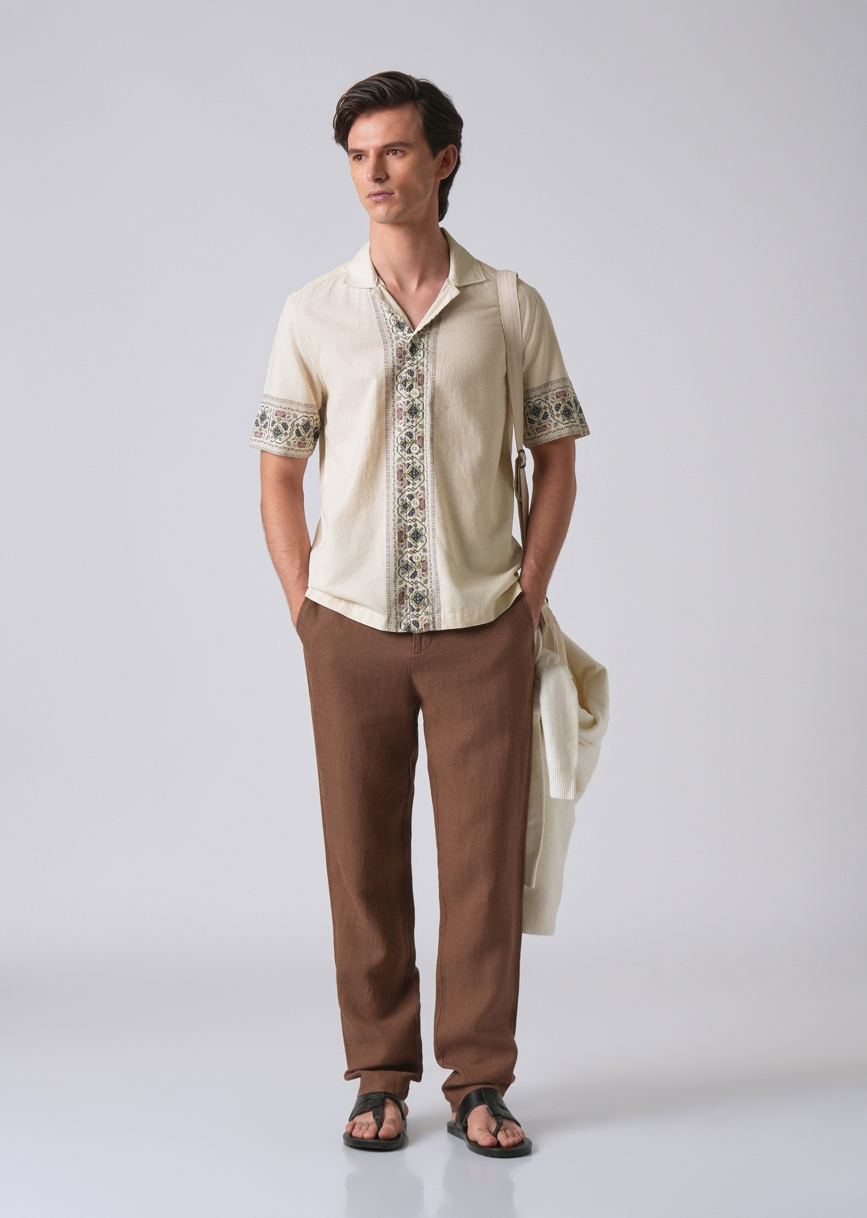 Beige Cotton/Linen Pannel Print Shirt