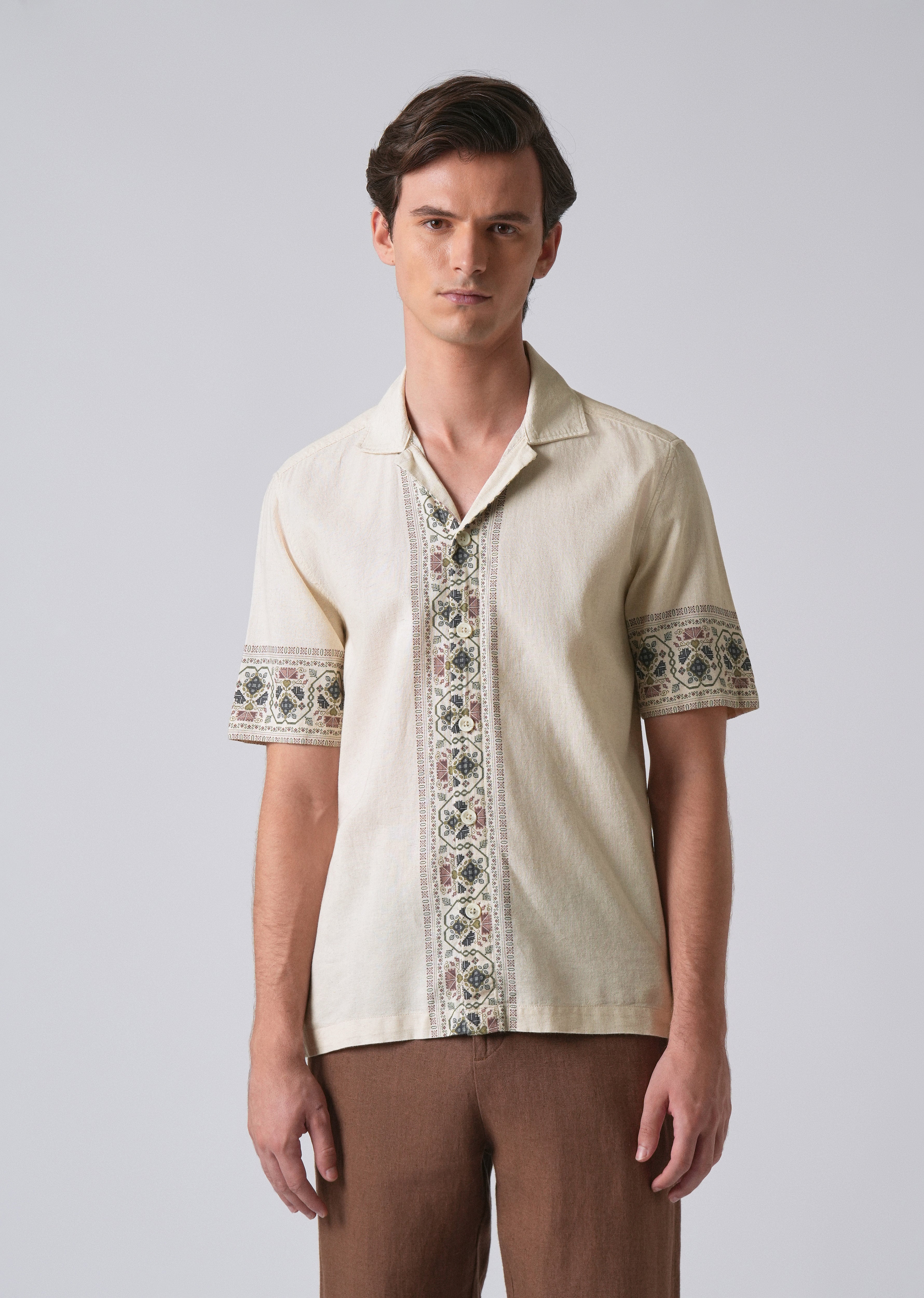 Beige Cotton/Linen Pannel Print Shirt