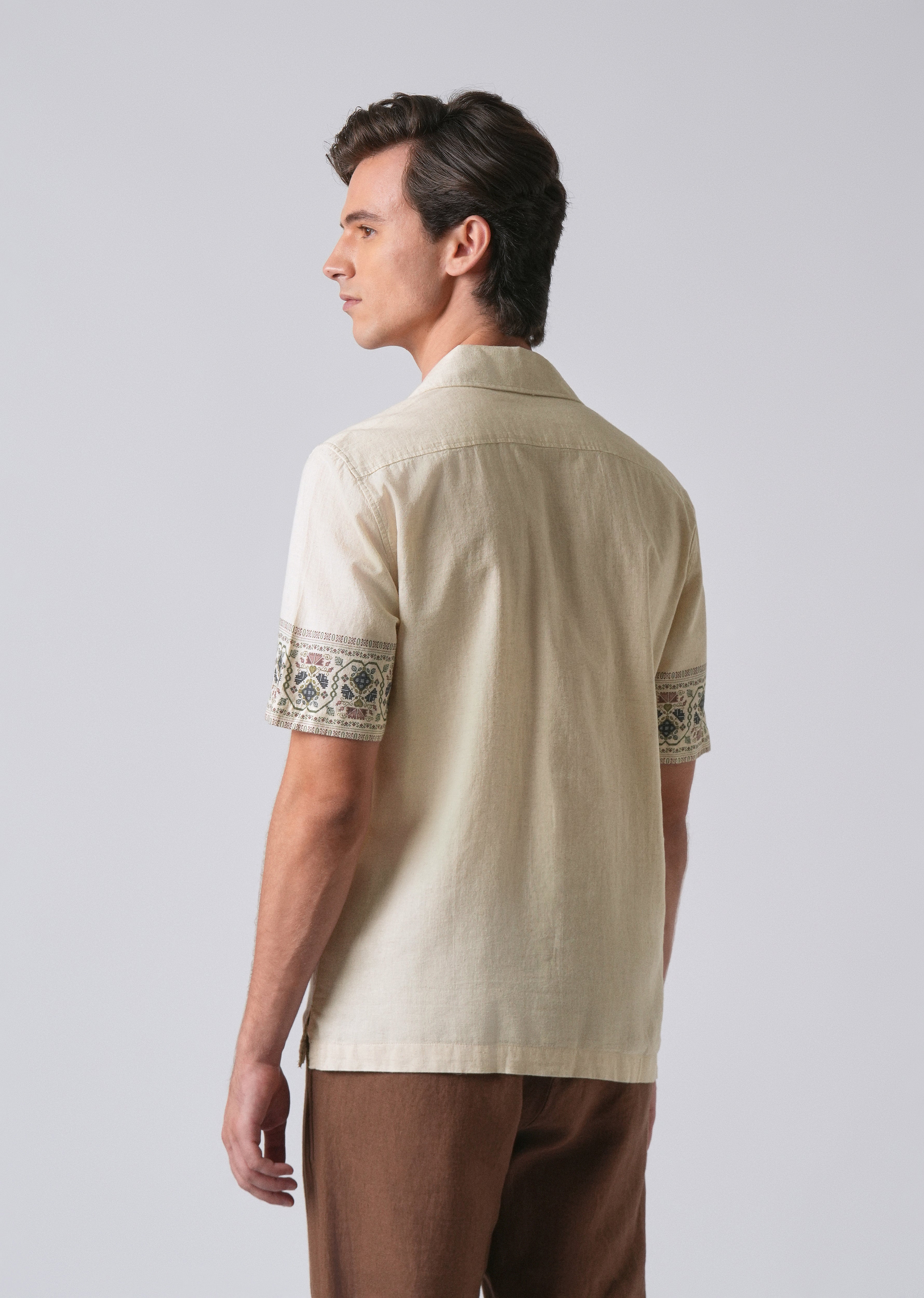 Beige Cotton/Linen Pannel Print Shirt