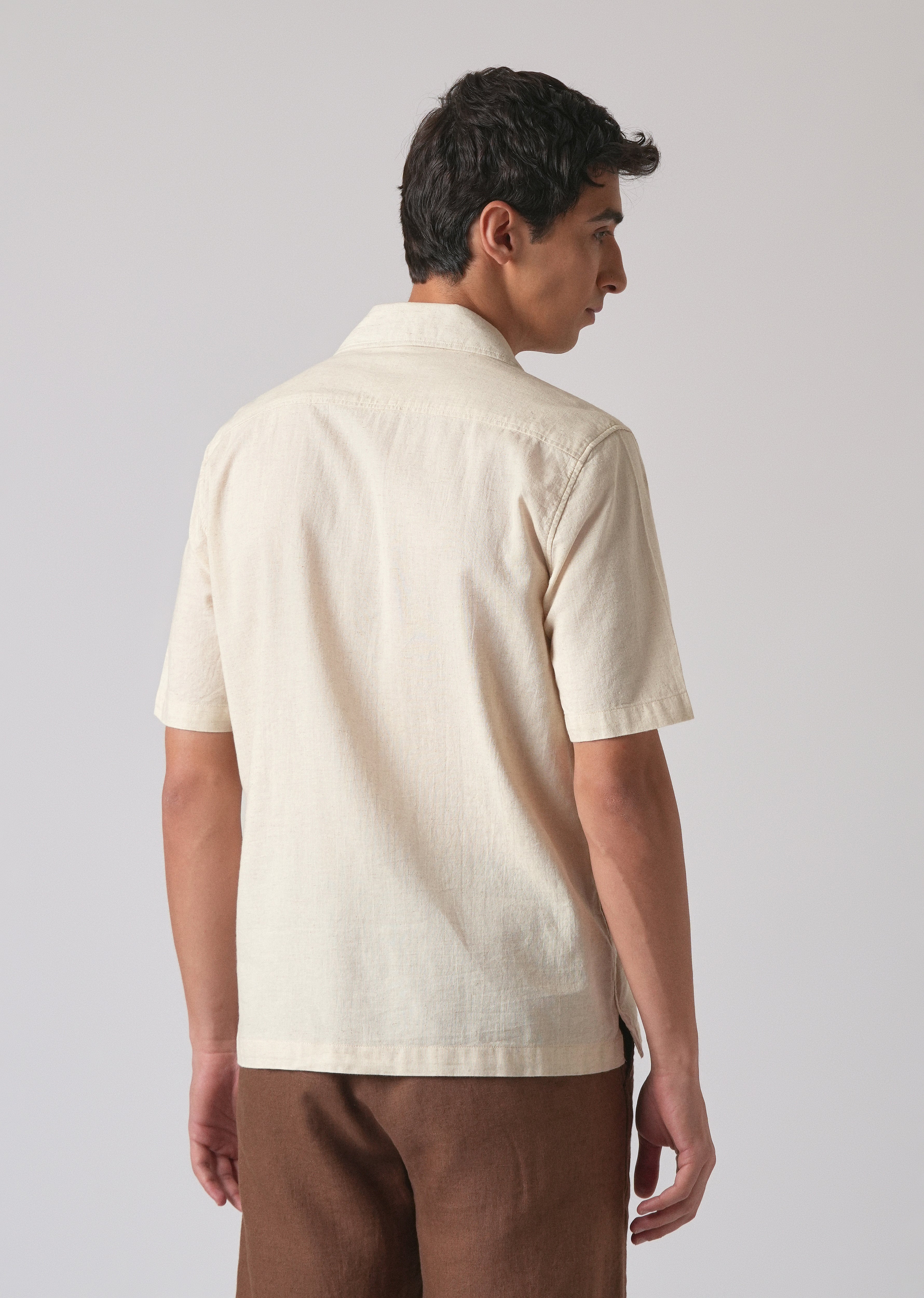 Beige Cotton/Linen Floral Print Shirt