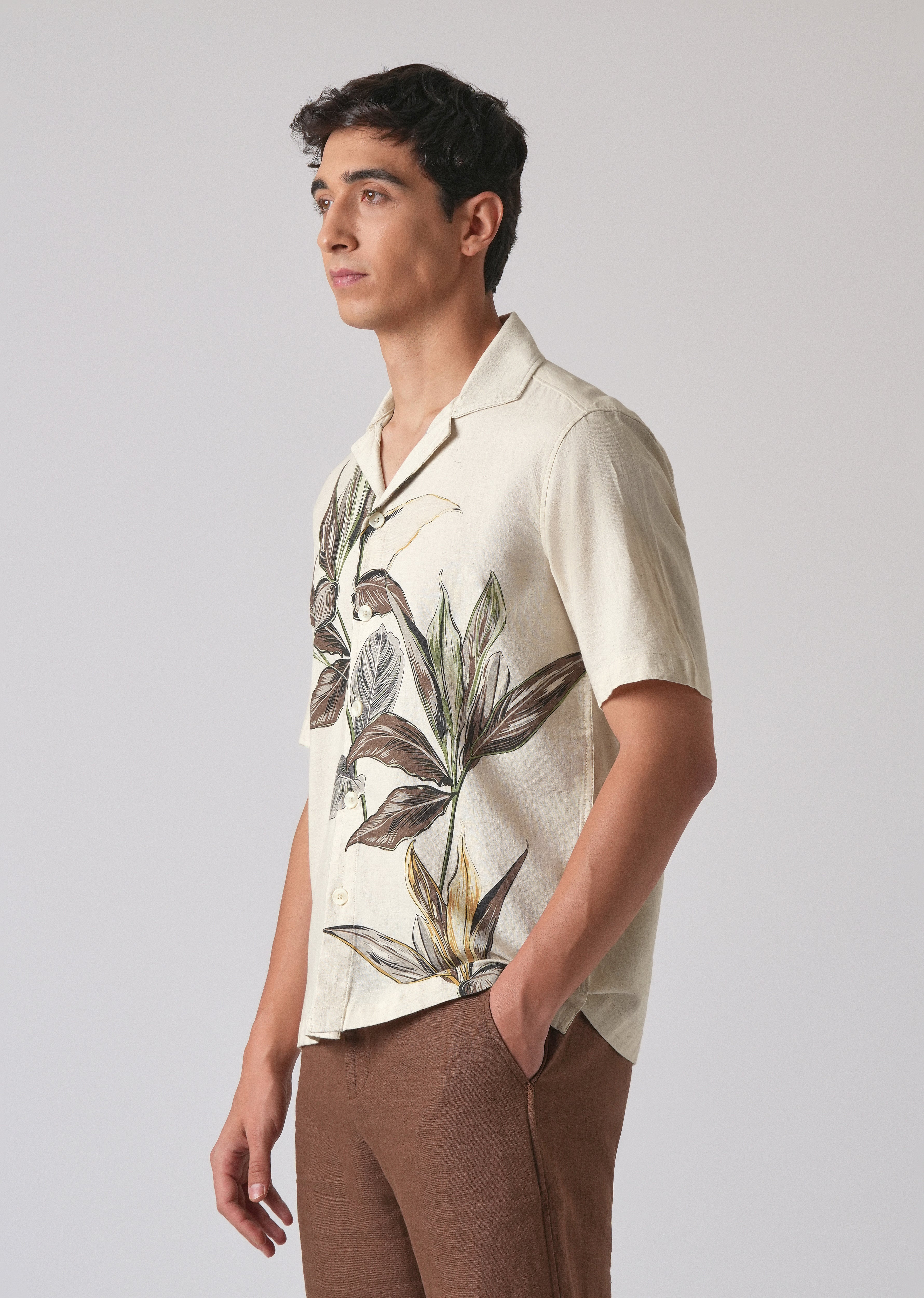 Beige Cotton/Linen Floral Print Shirt