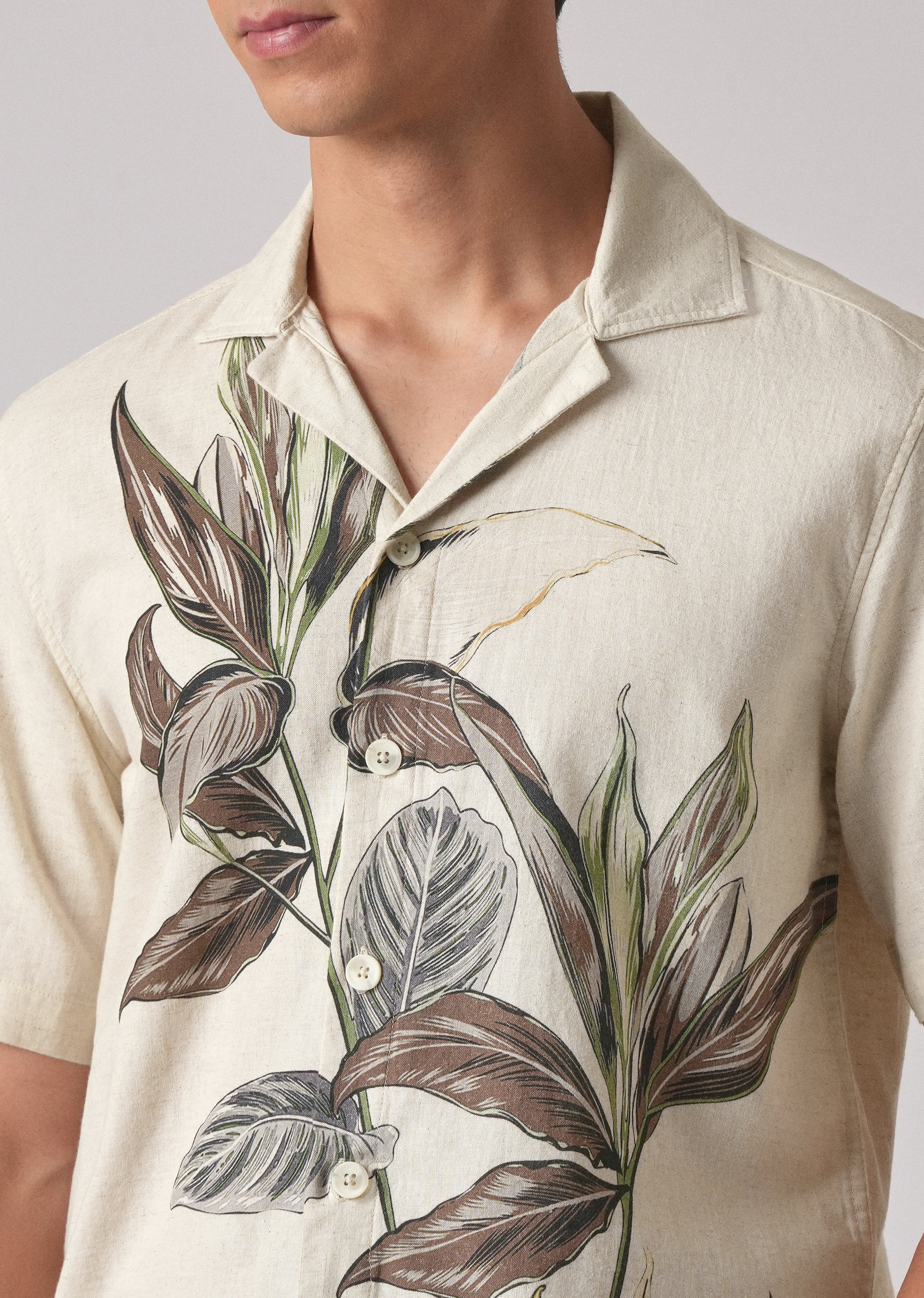 Beige Cotton/Linen Floral Print Shirt
