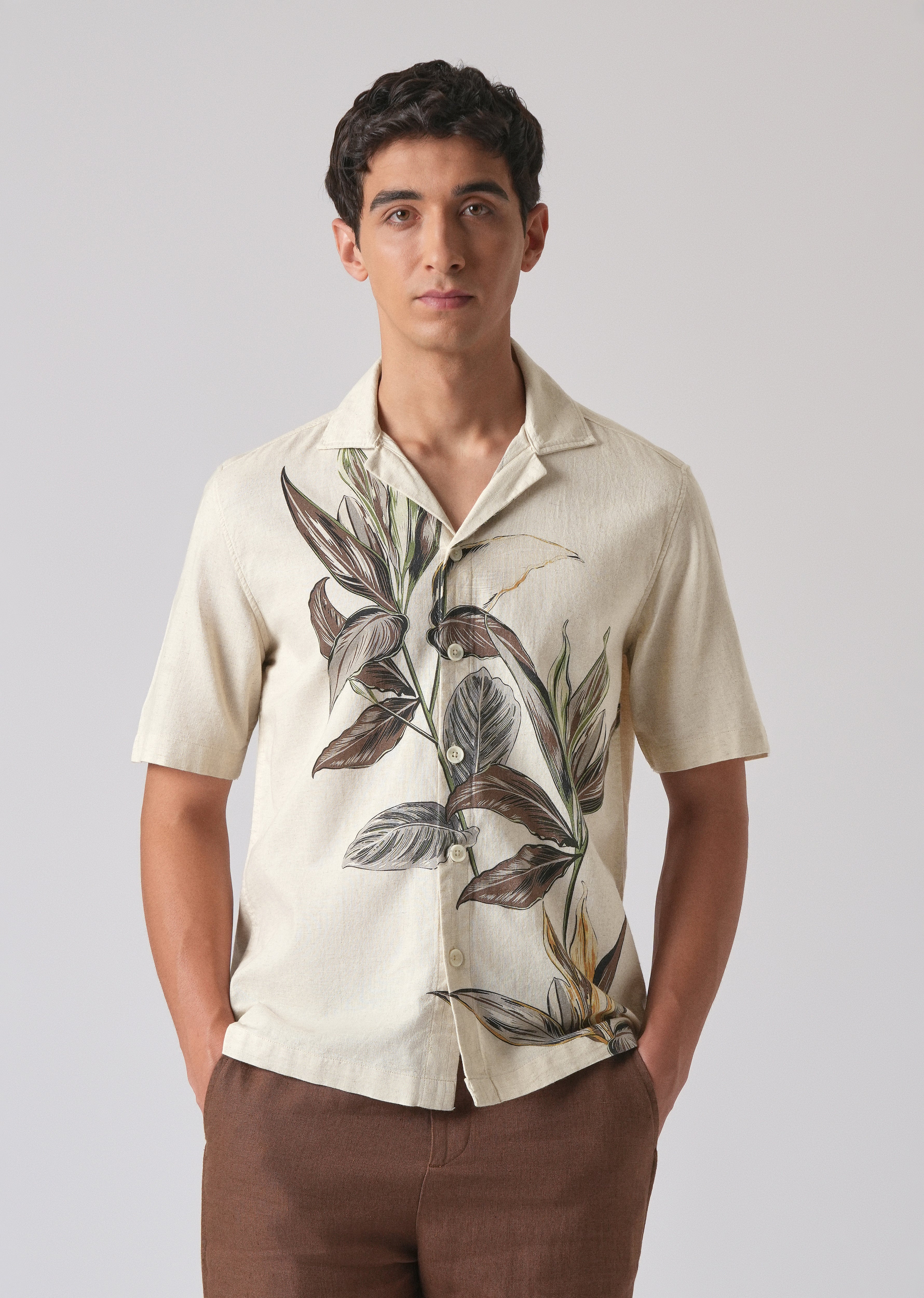 Beige Cotton/Linen Floral Print Shirt
