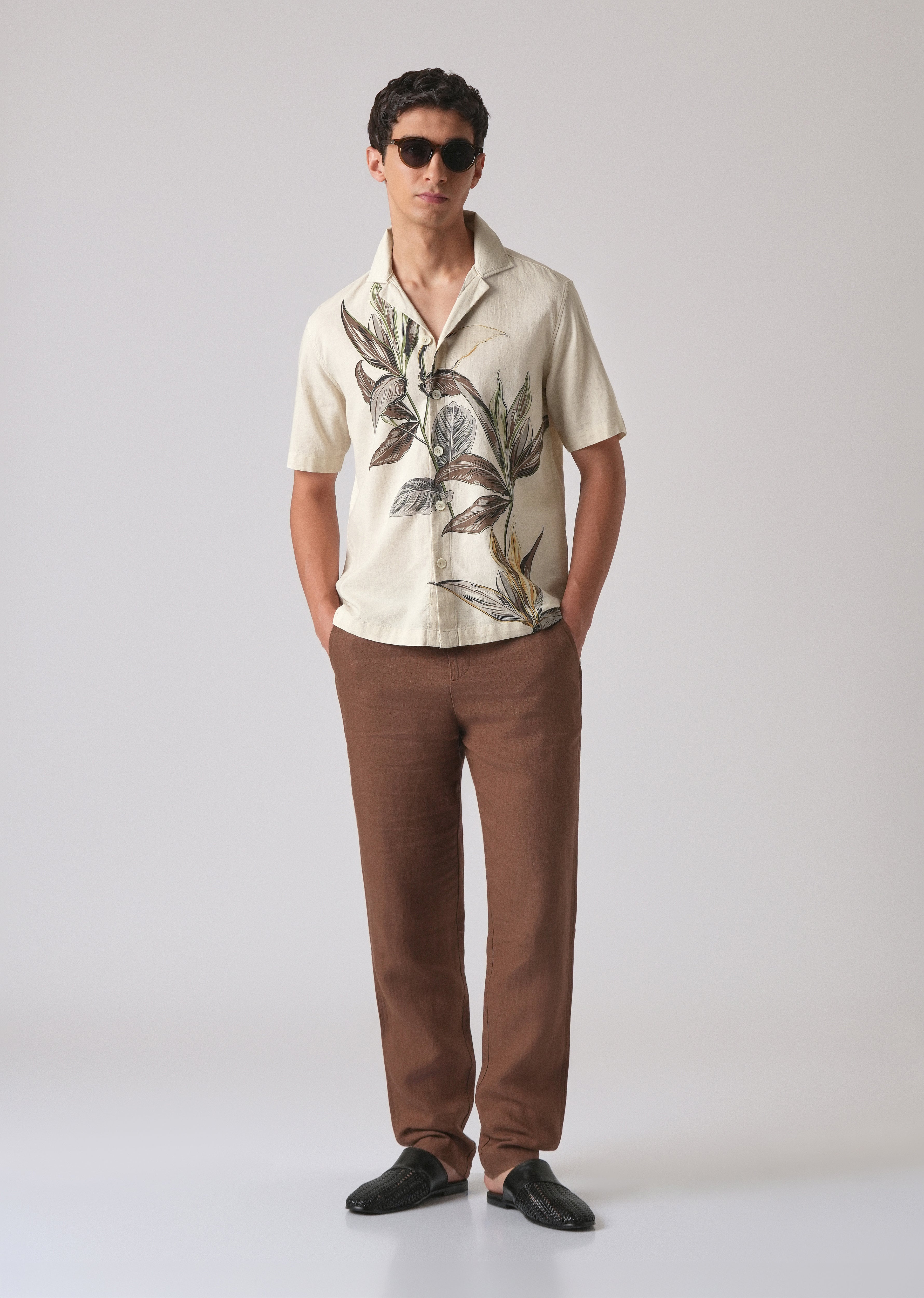 Beige Cotton/Linen Floral Print Shirt