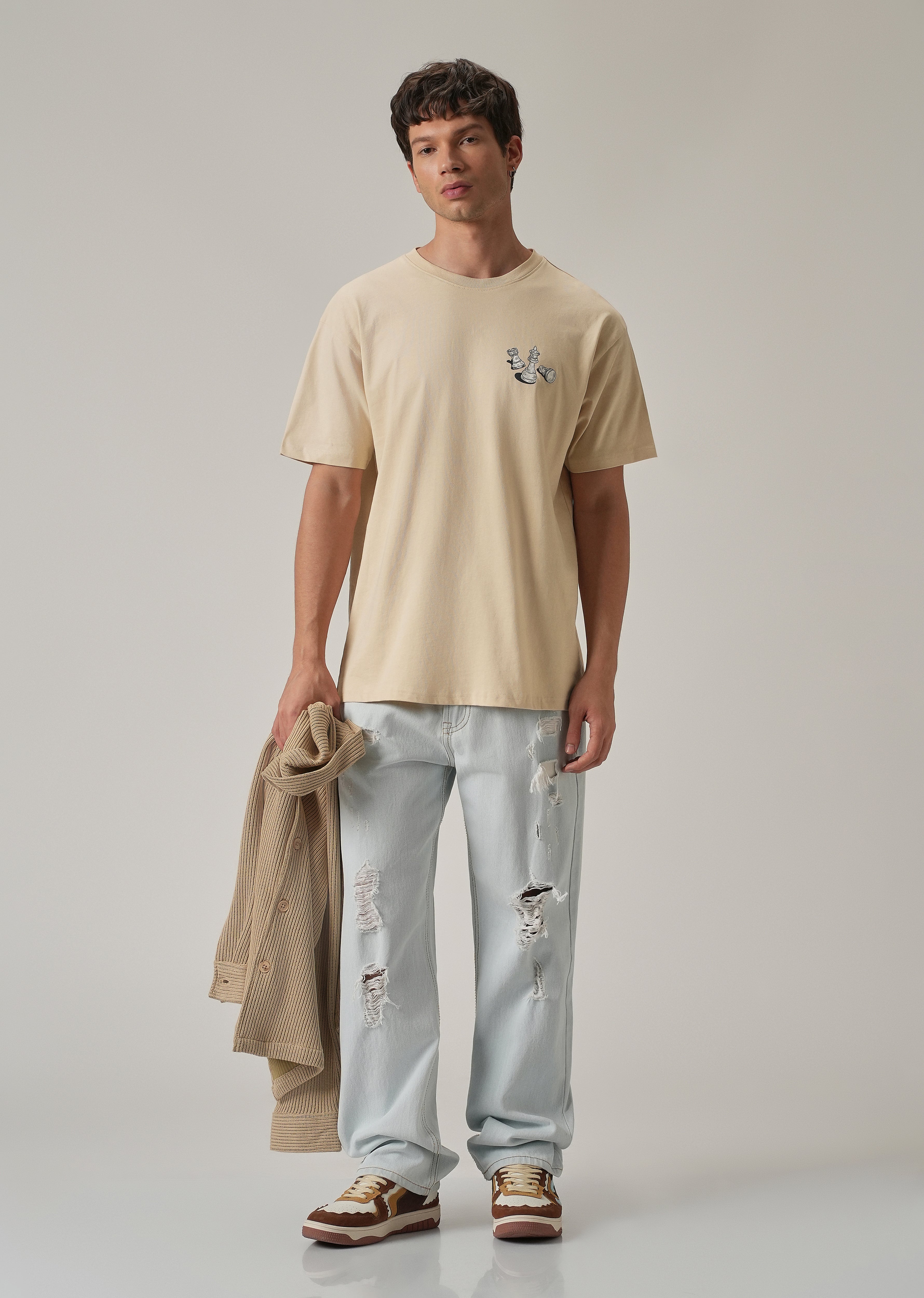 Beige Cream Back Printed Oversized T-Shirt