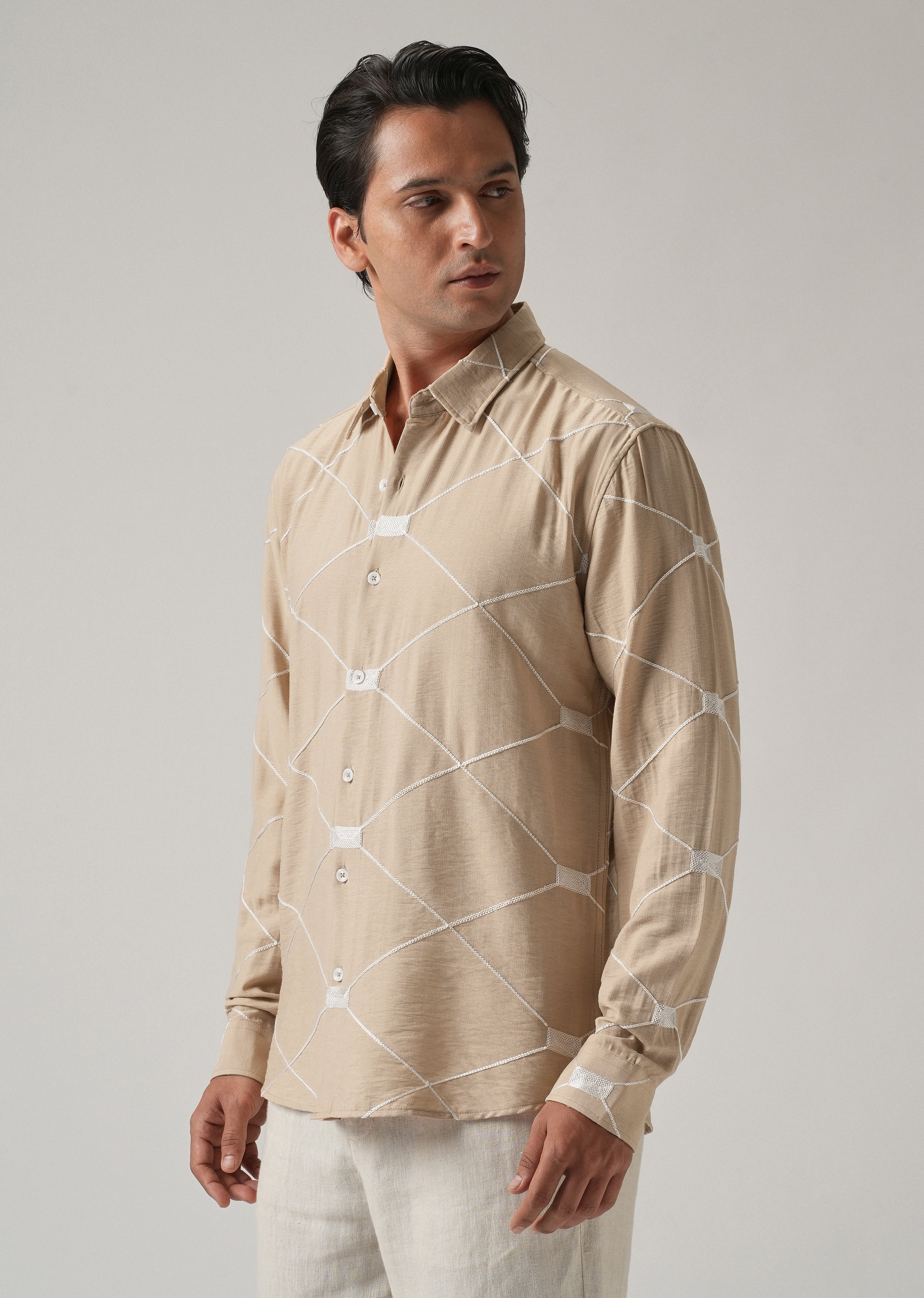 Beige Crisscross Embroidery Shirt