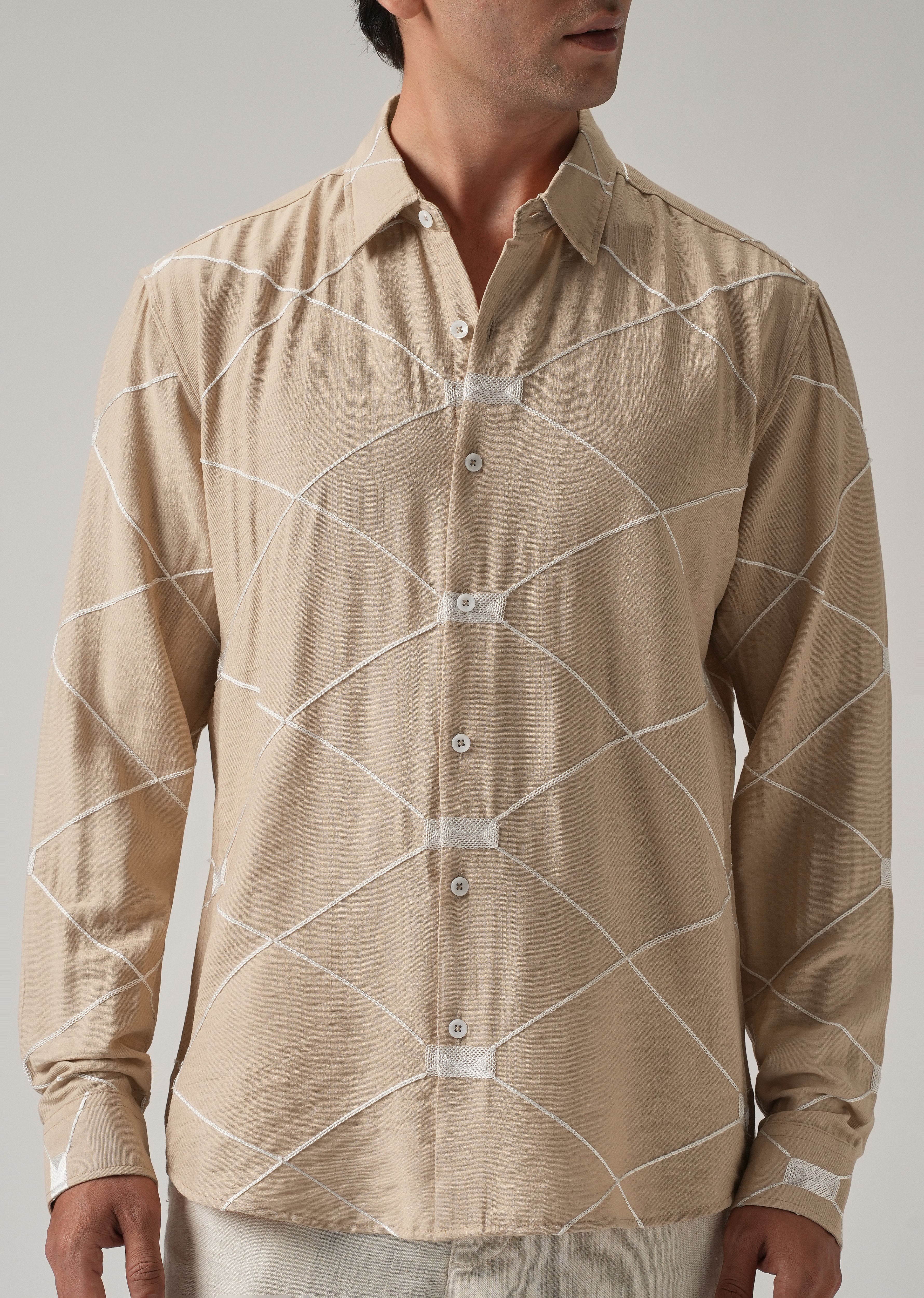 Beige Crisscross Embroidery Shirt