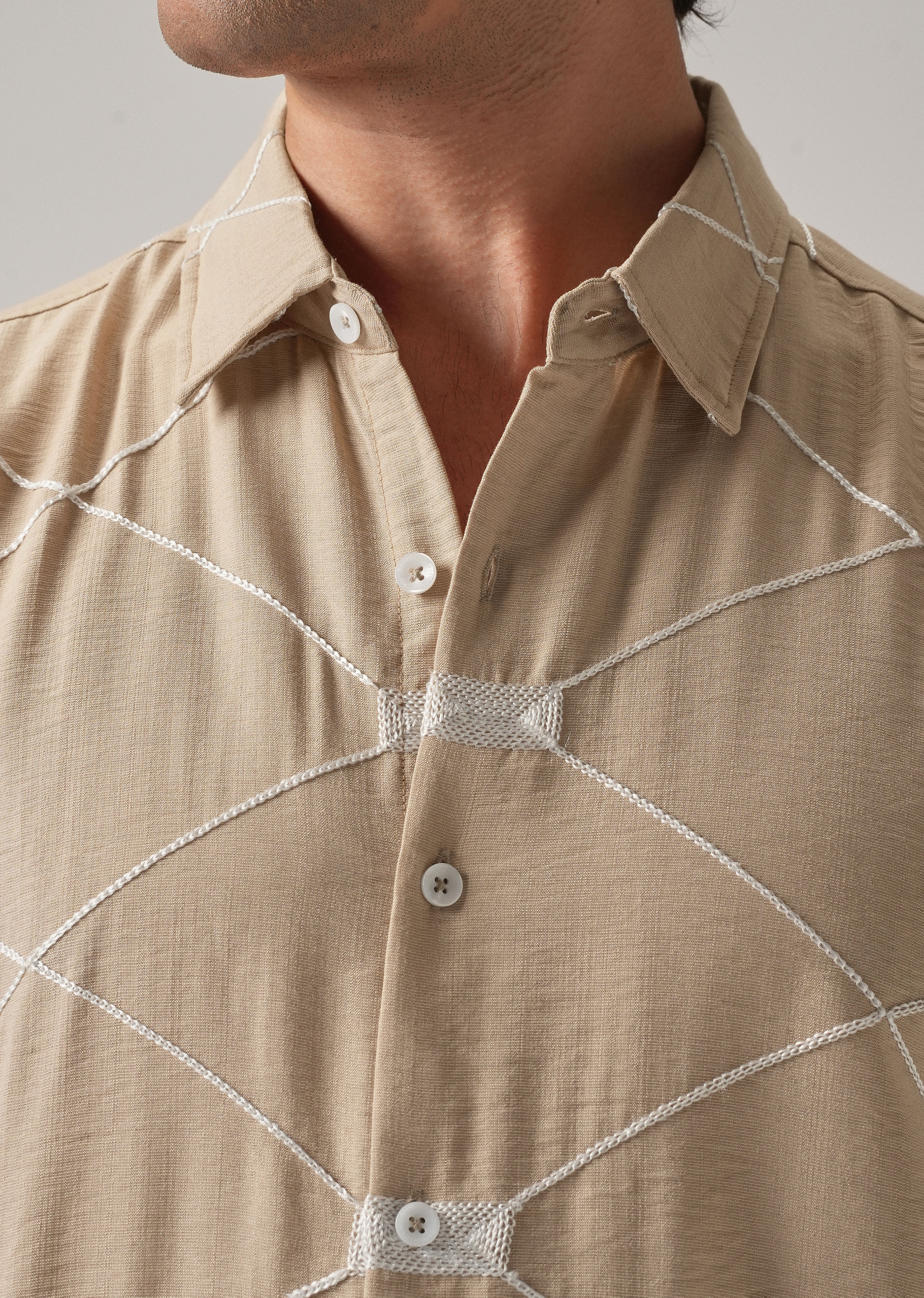 Beige Crisscross Embroidery Shirt