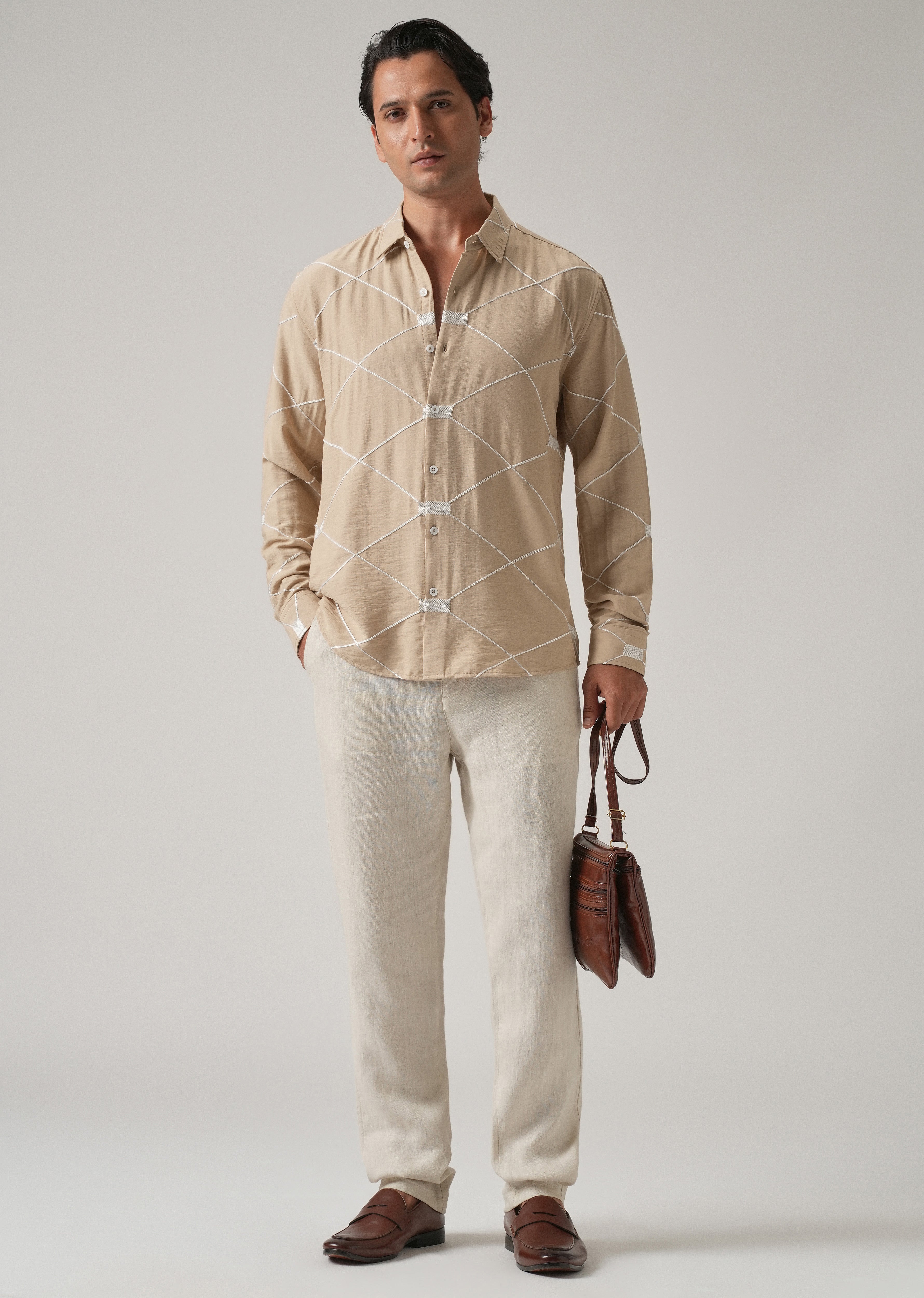 Beige Crisscross Embroidery Shirt