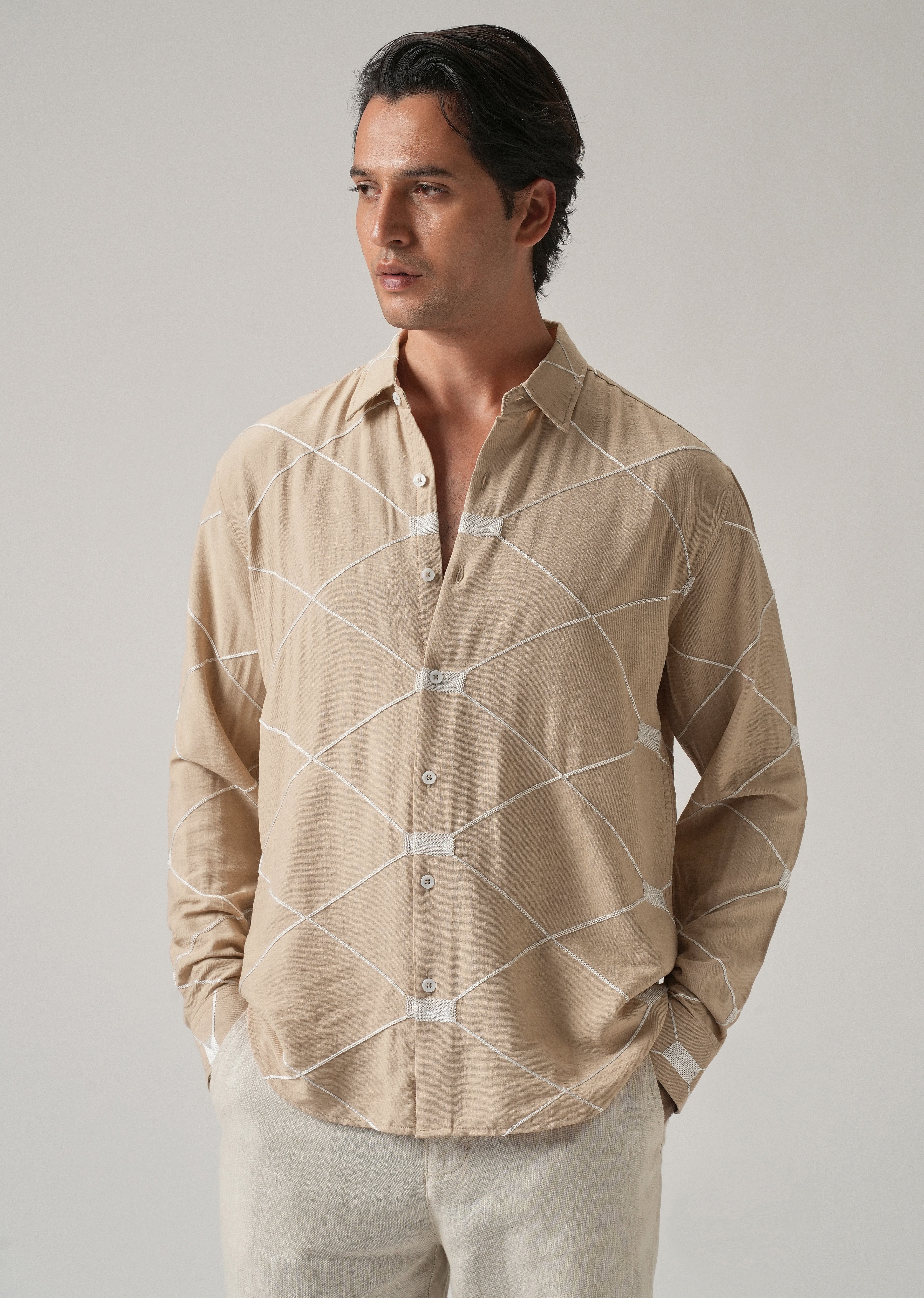 Beige Crisscross Embroidery Shirt