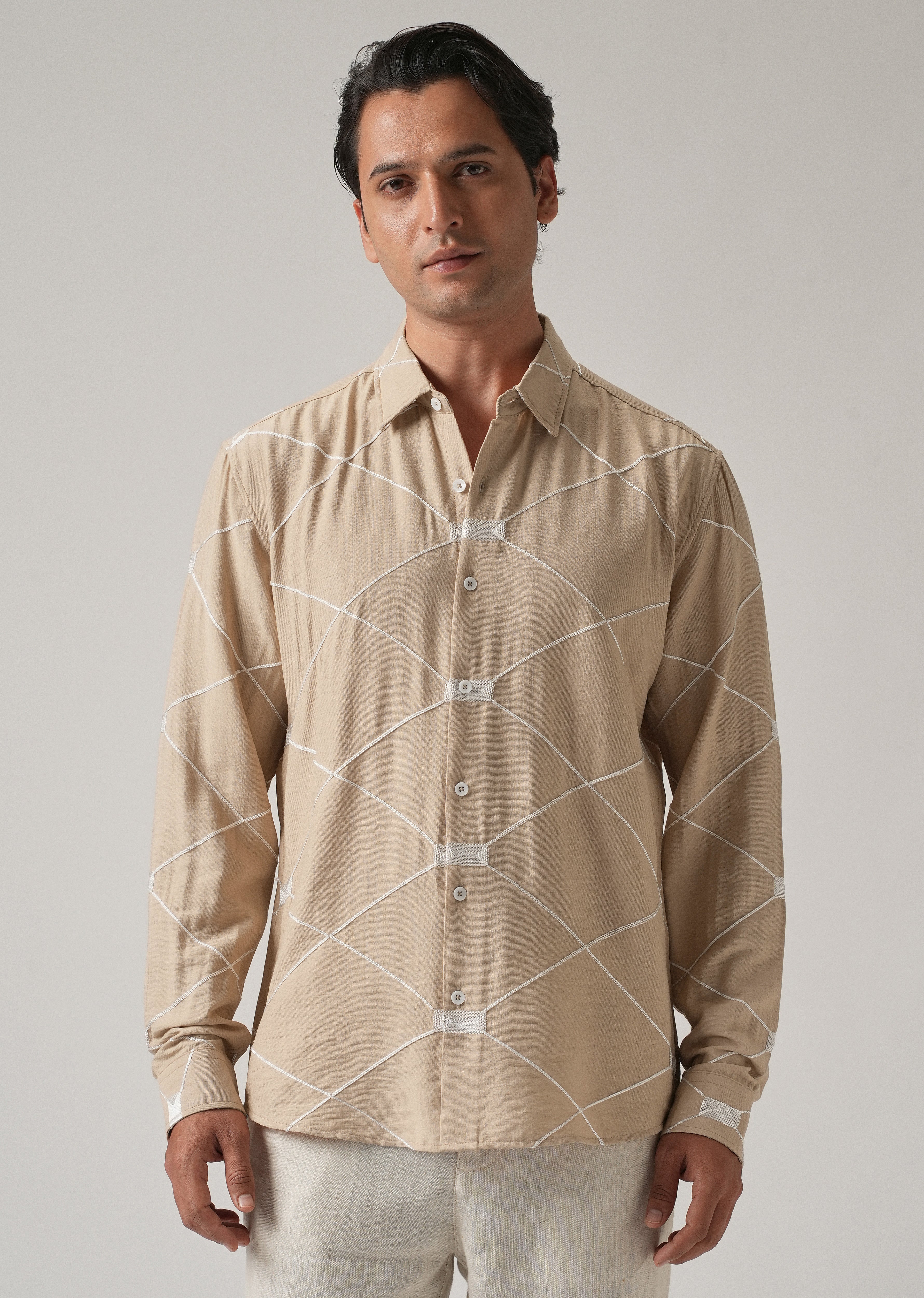 Beige Crisscross Embroidery Shirt