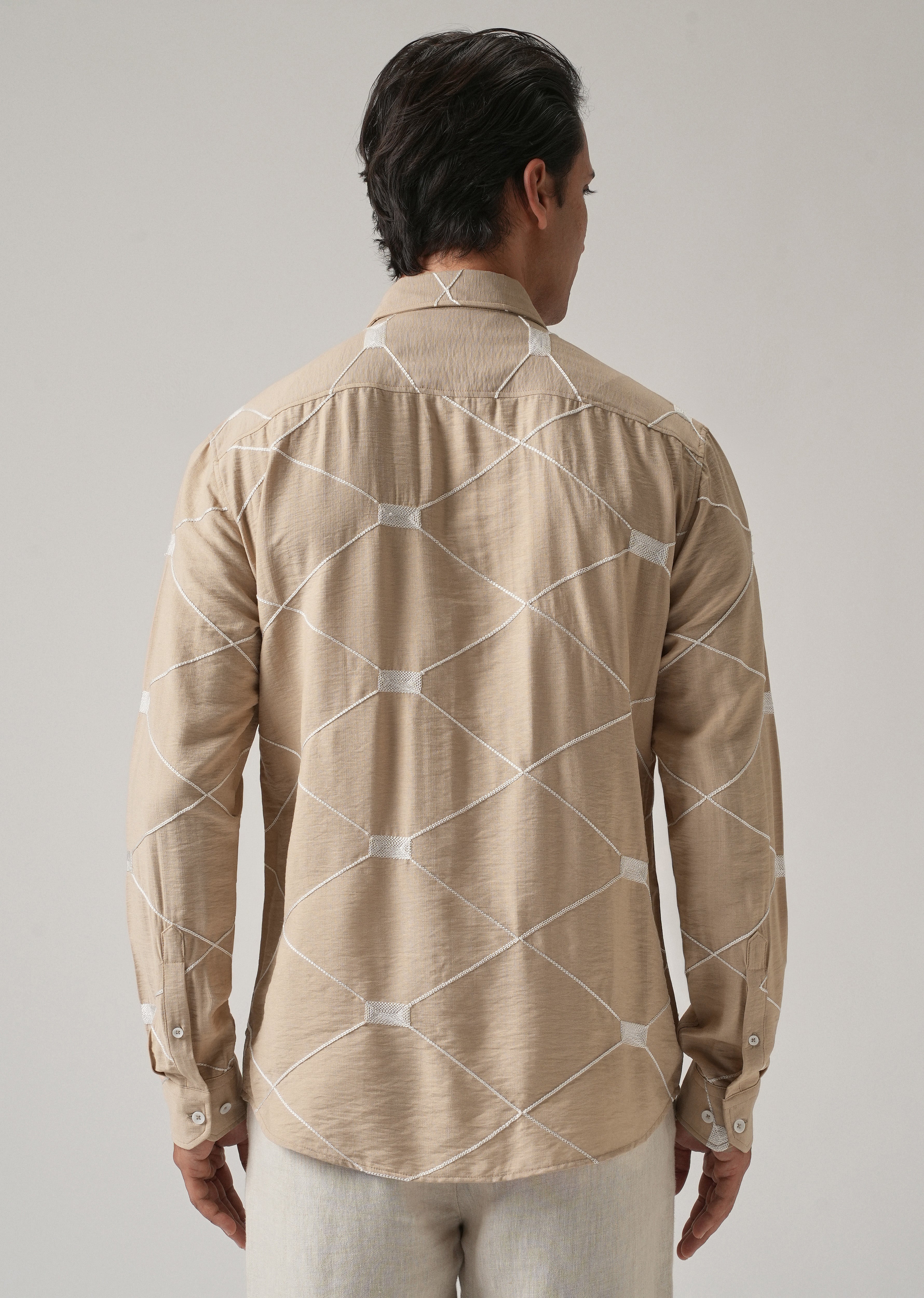 Beige Crisscross Embroidery Shirt