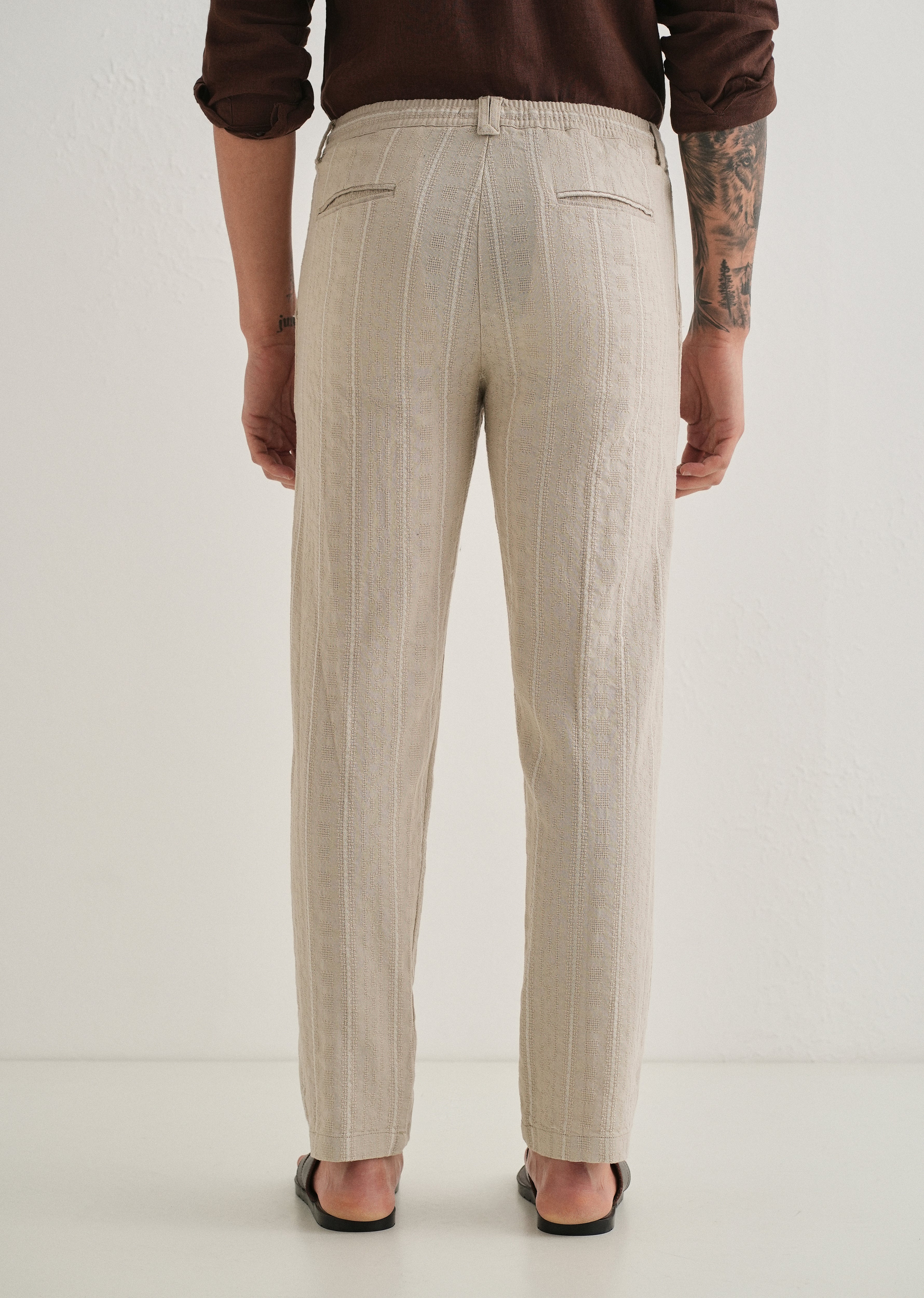 Beige Dobby Cotton Stripe Pants
