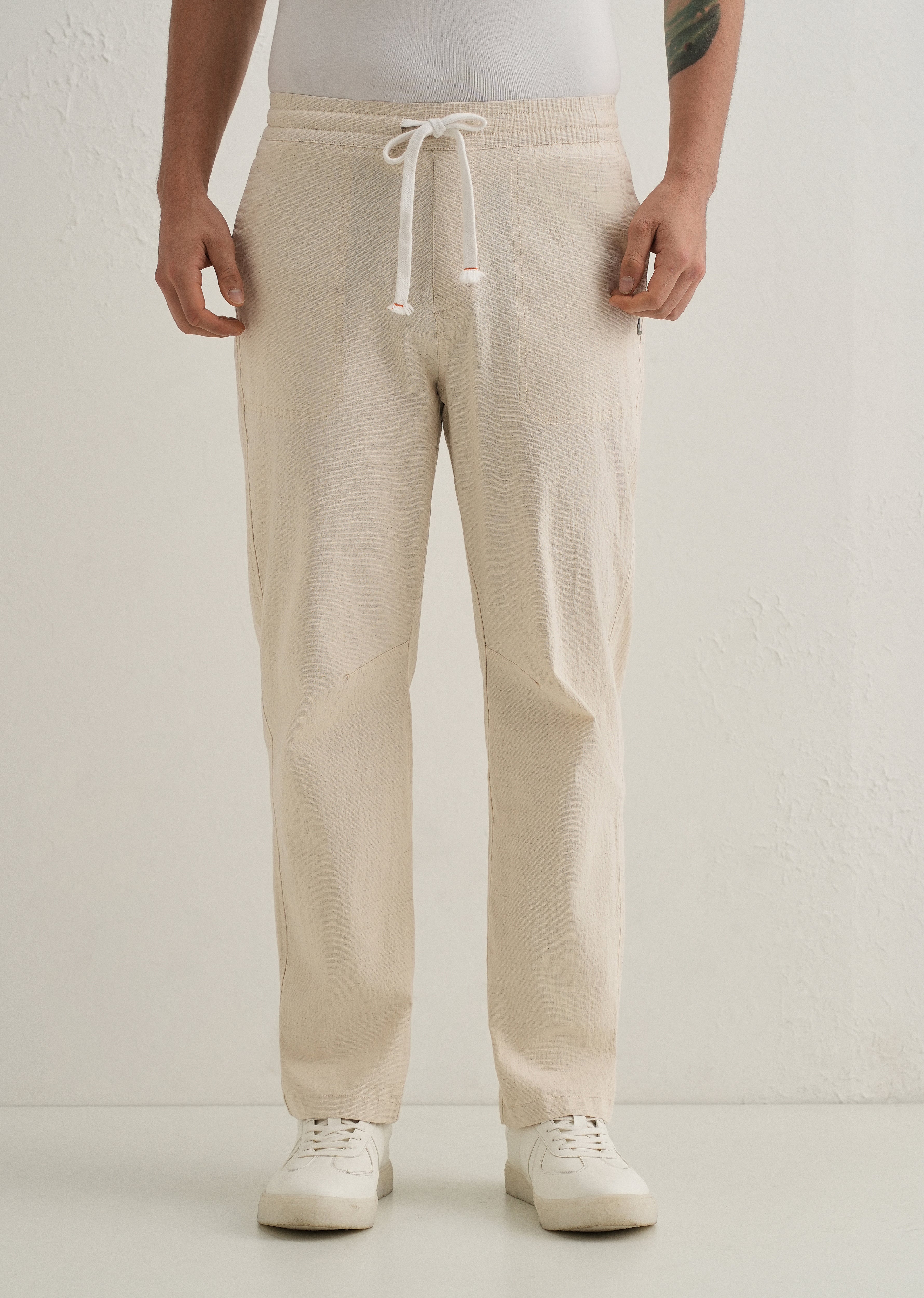 Beige Drawstring Cotton Linen Pant