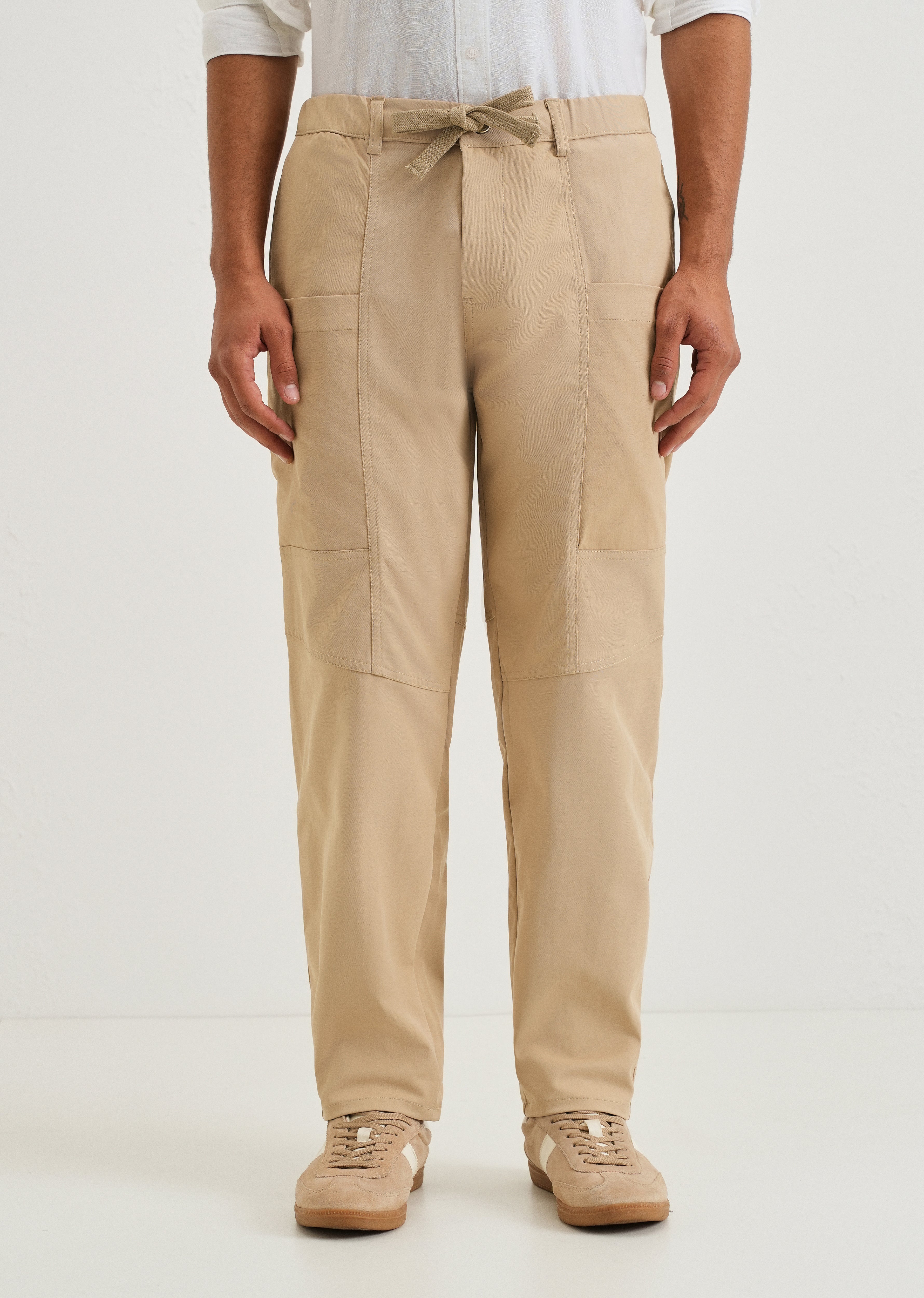 Beige Drawstring Panel Cargo Pant