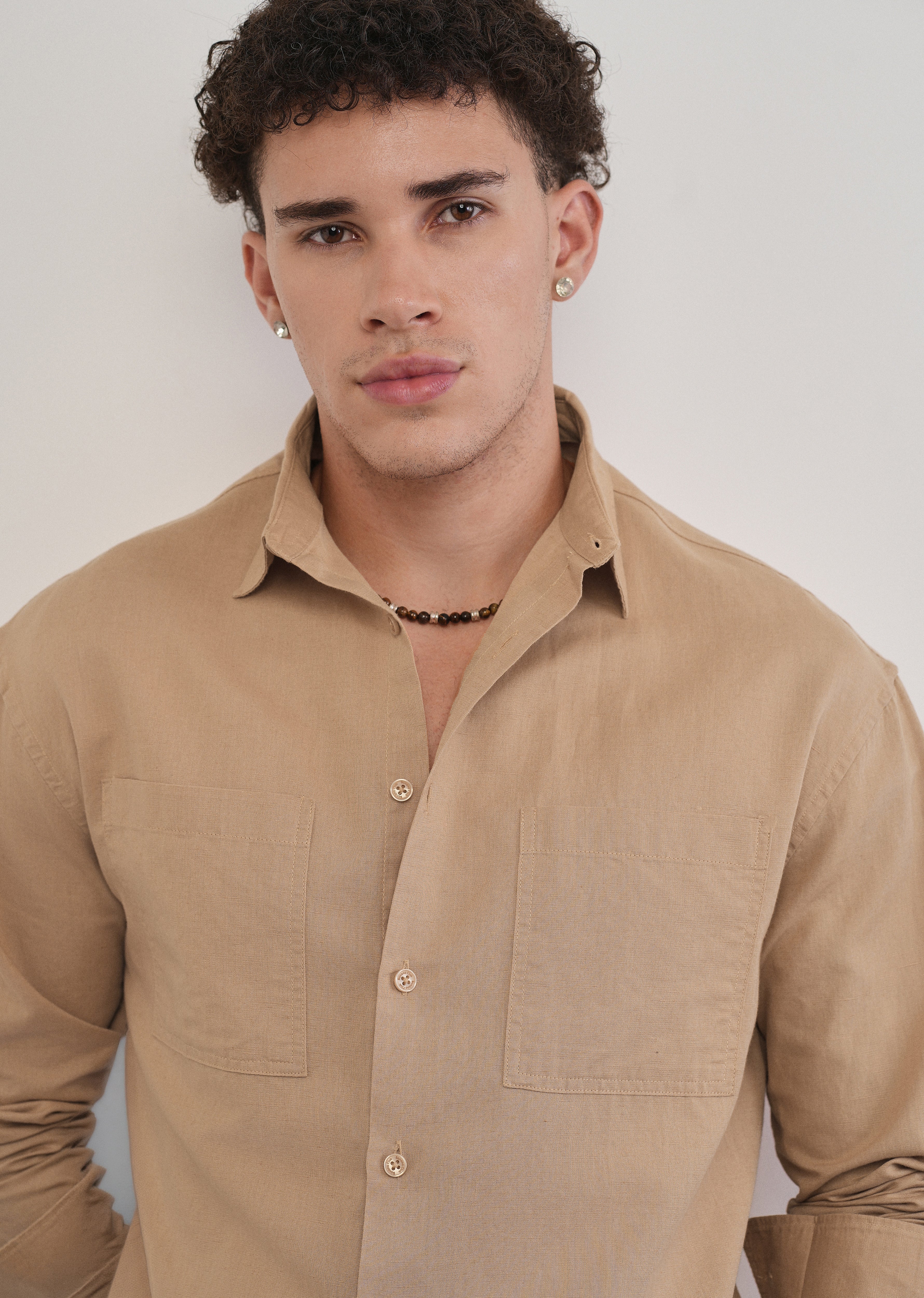 Warm Beige Dual Pocket Cotton Linen Shirt