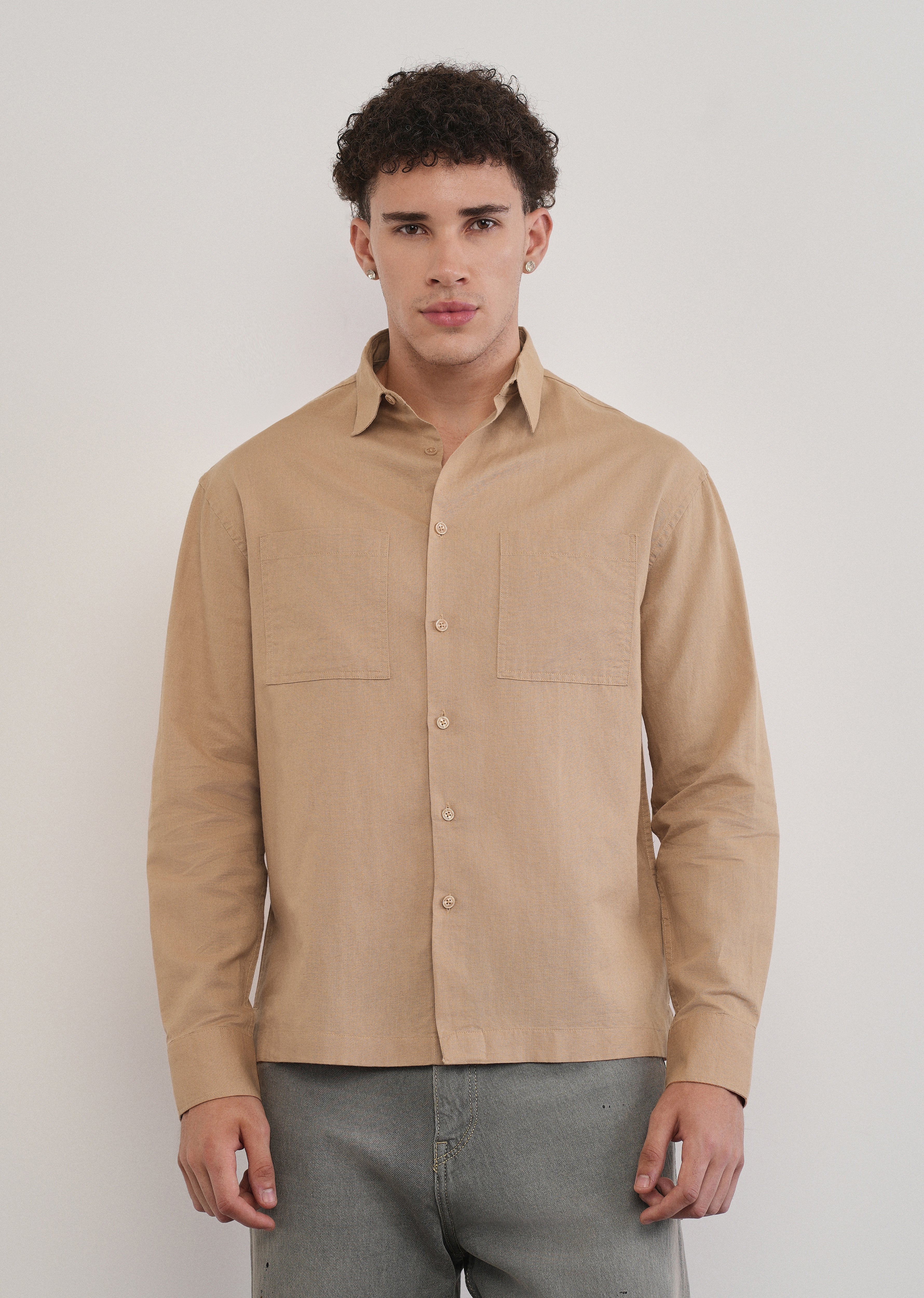 Warm Beige Dual Pocket Cotton Linen Shirt