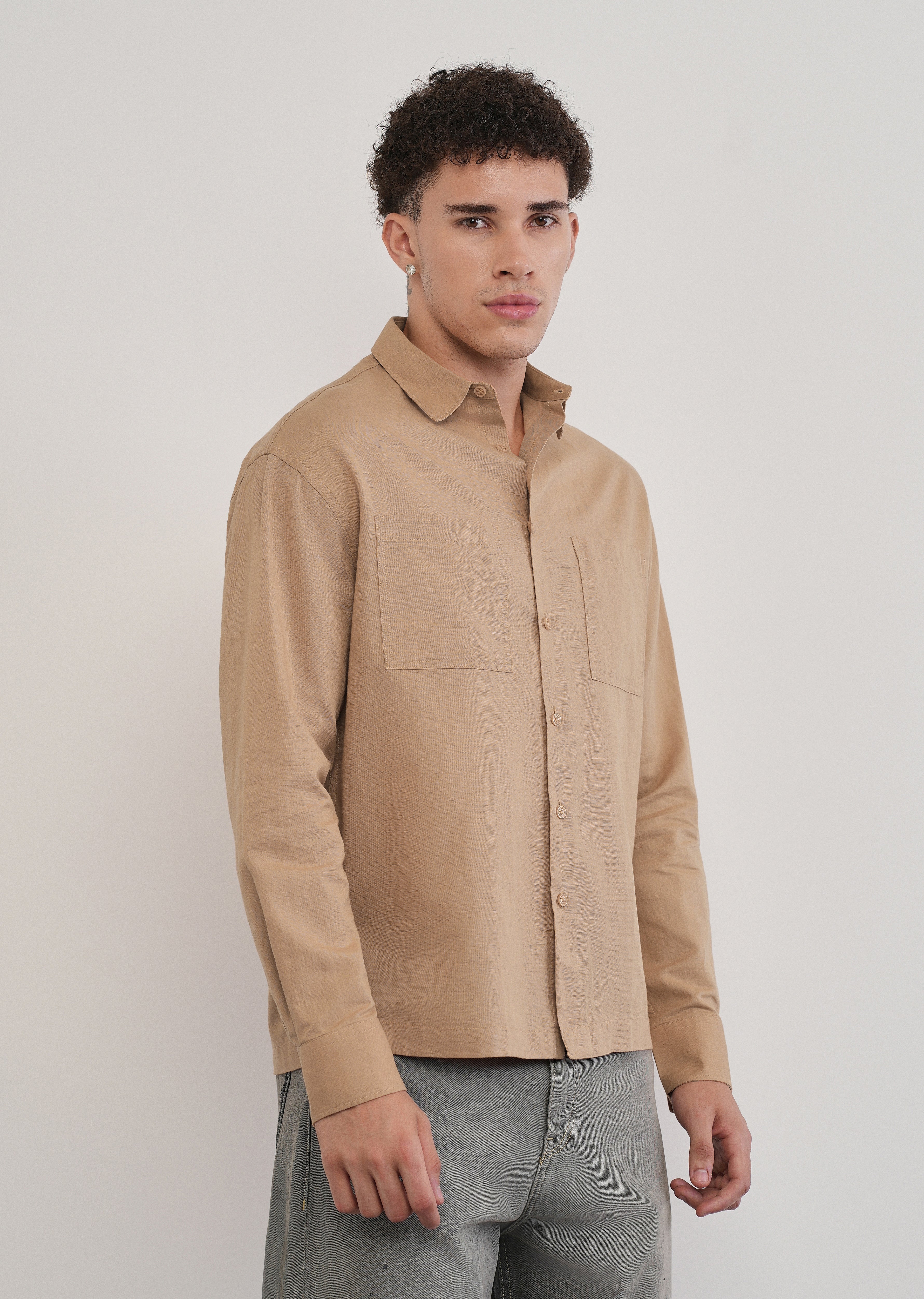 Warm Beige Dual Pocket Cotton Linen Shirt
