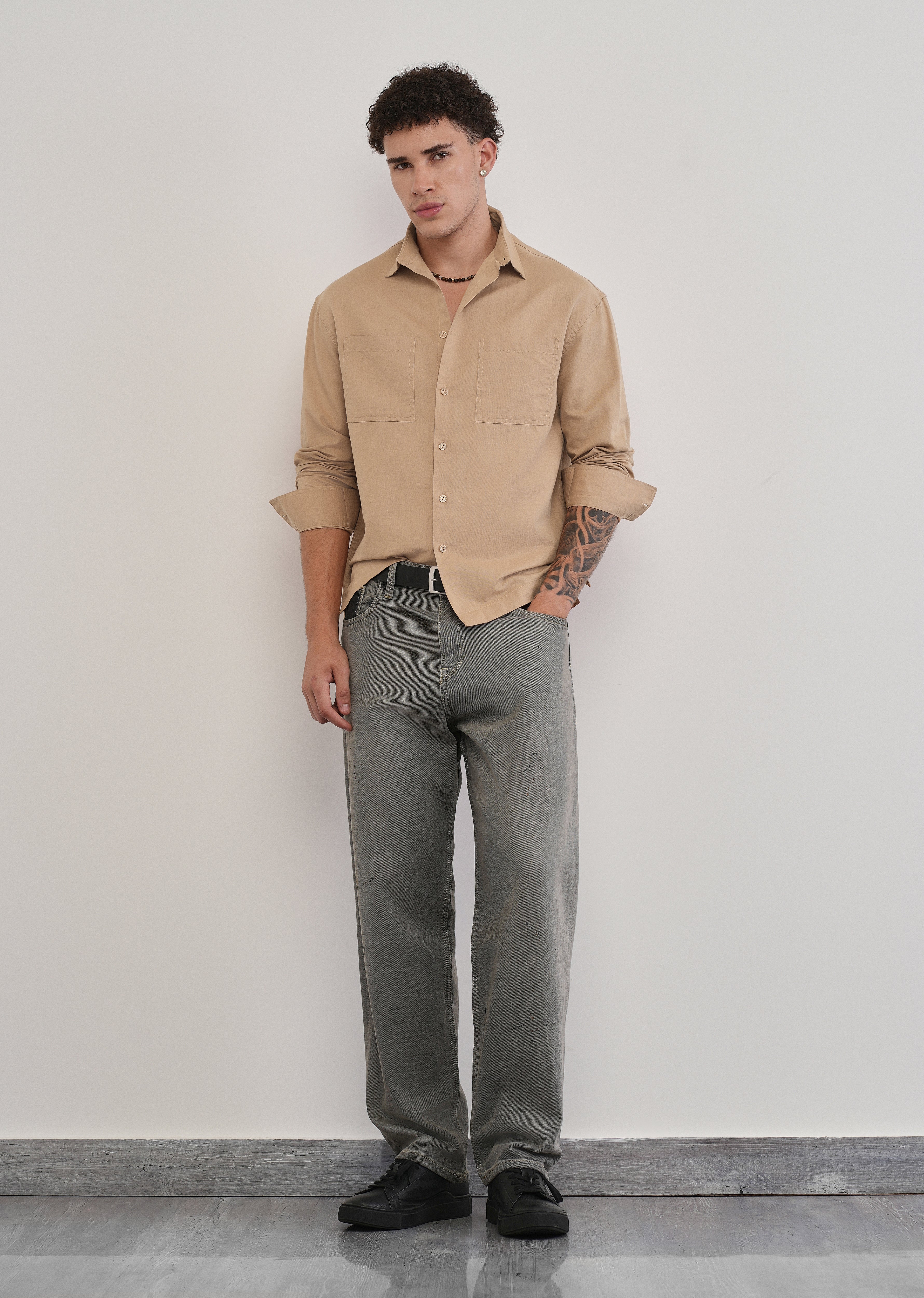 Warm Beige Dual Pocket Cotton Linen Shirt