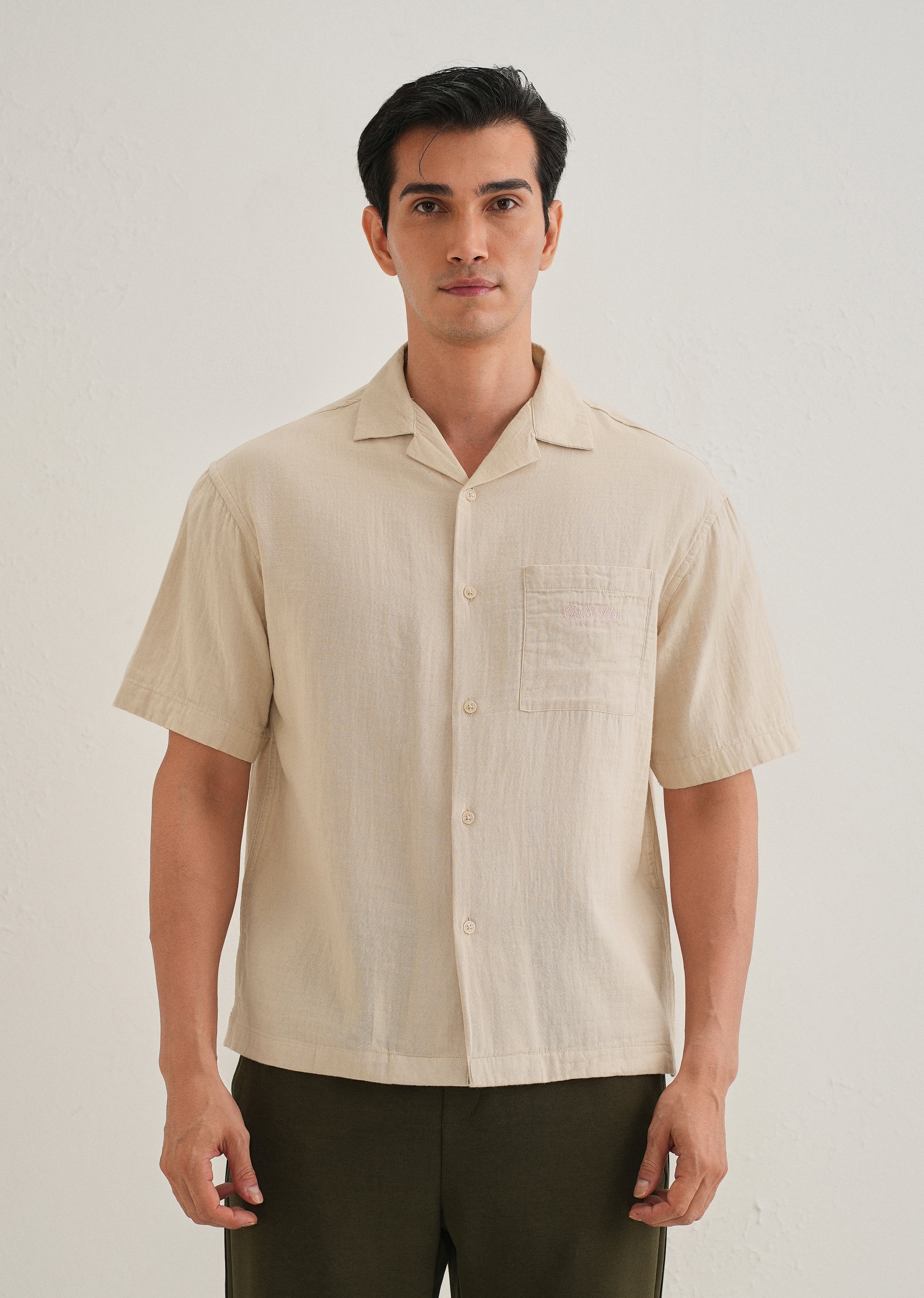 Beige Embroidered Double Cloth Cotton Shirt