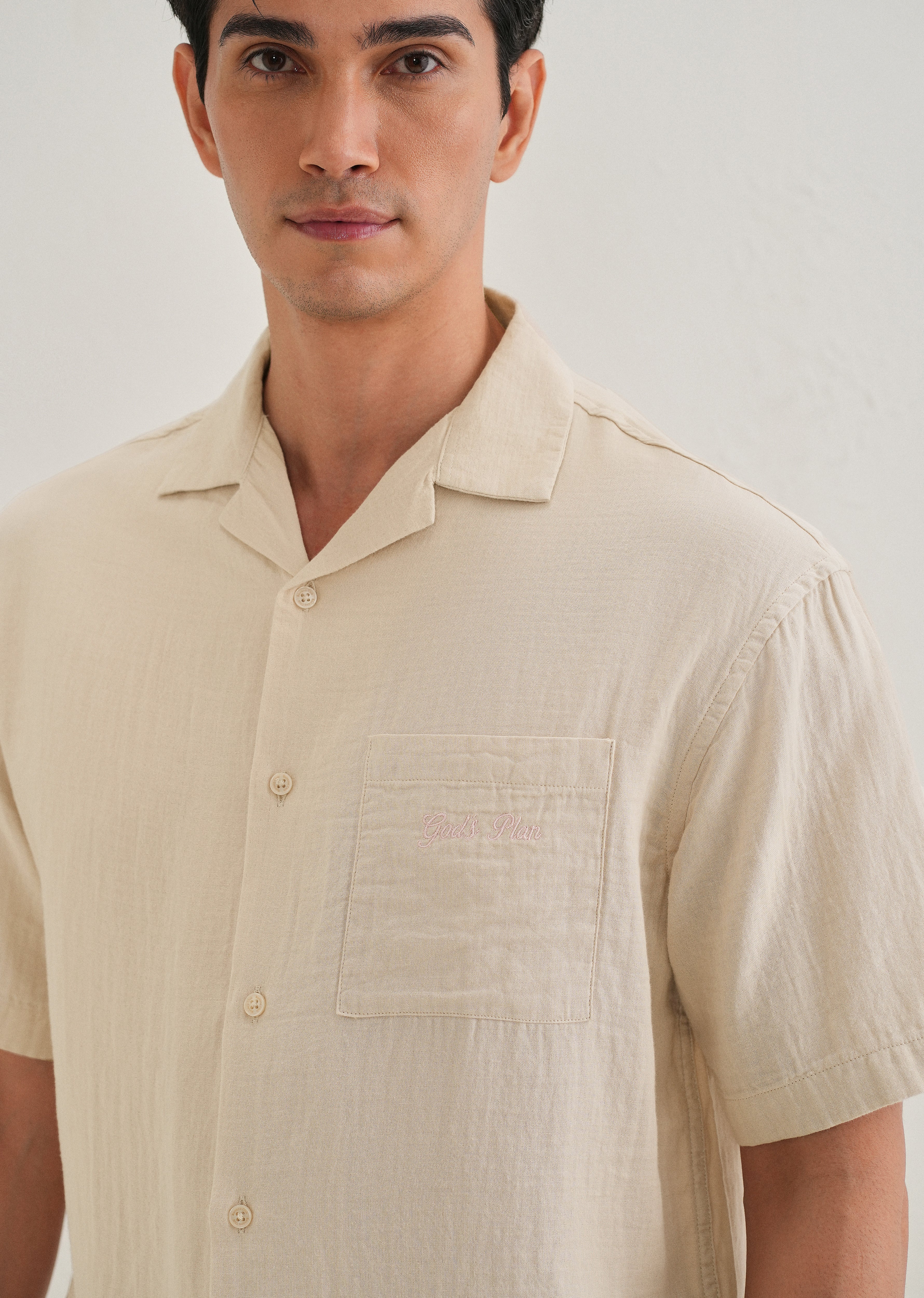 Beige Embroidered Double Cloth Cotton Shirt