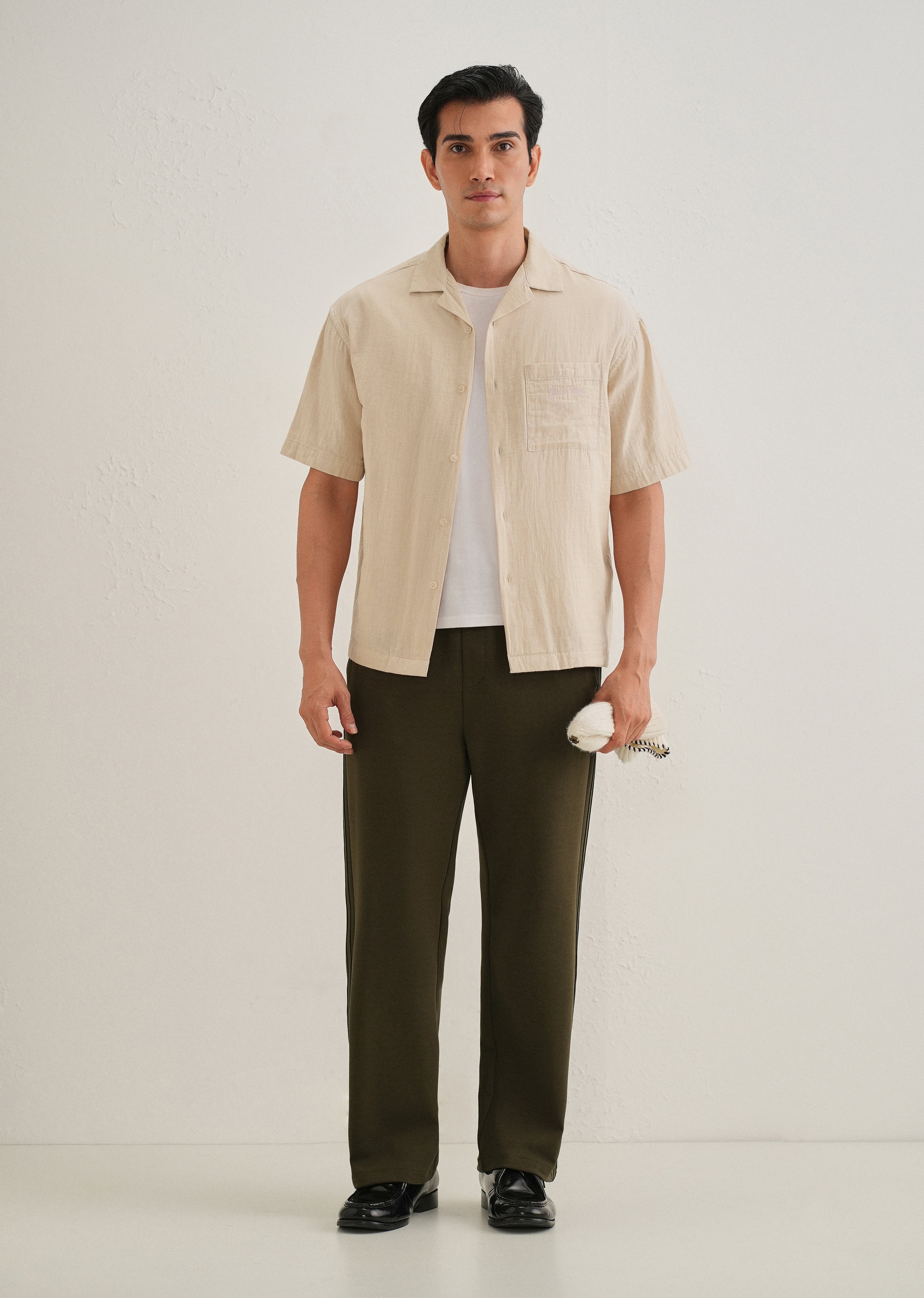 Beige Embroidered Double Cloth Cotton Shirt