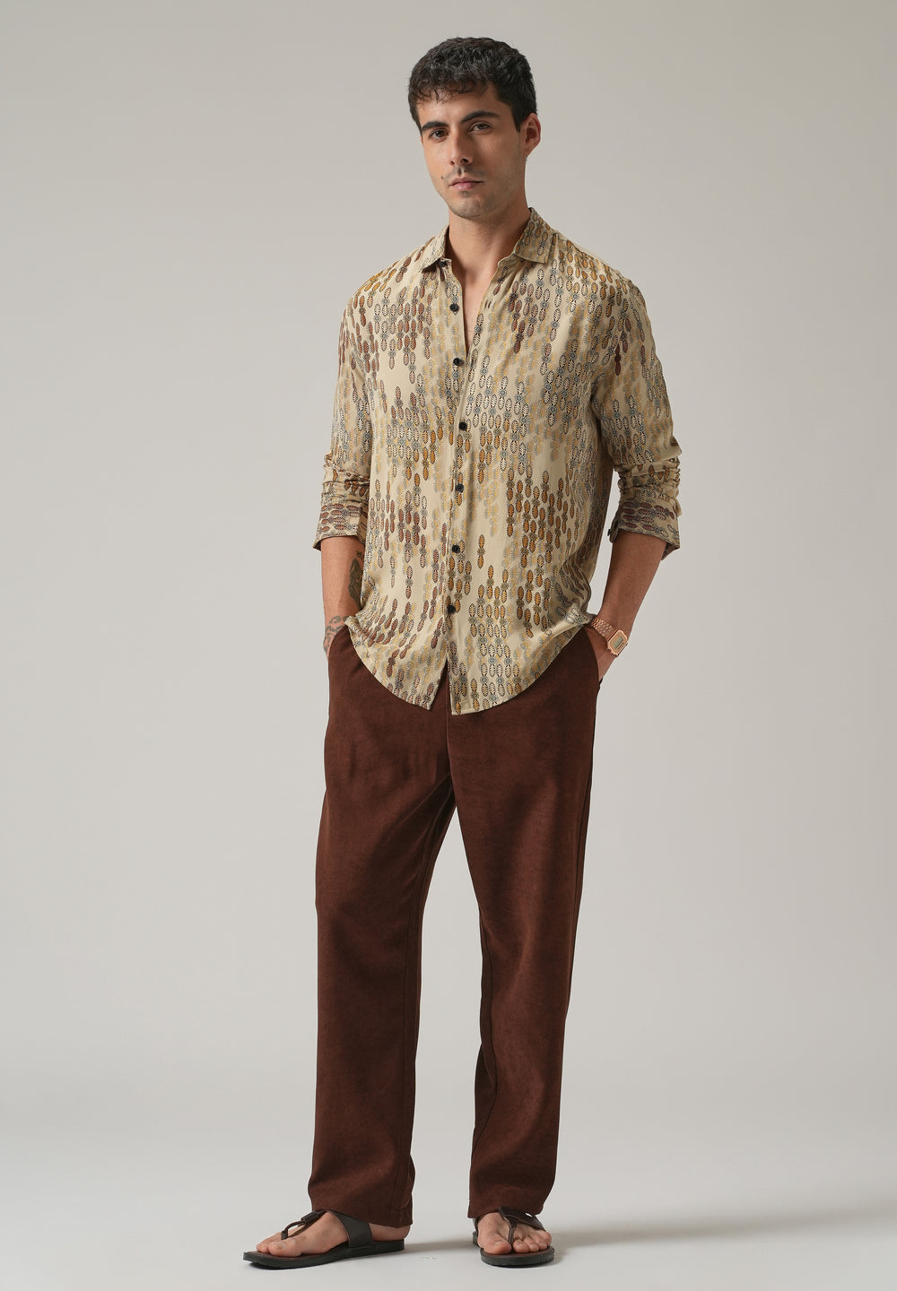 Beige Ethnic Print Feather Shirt