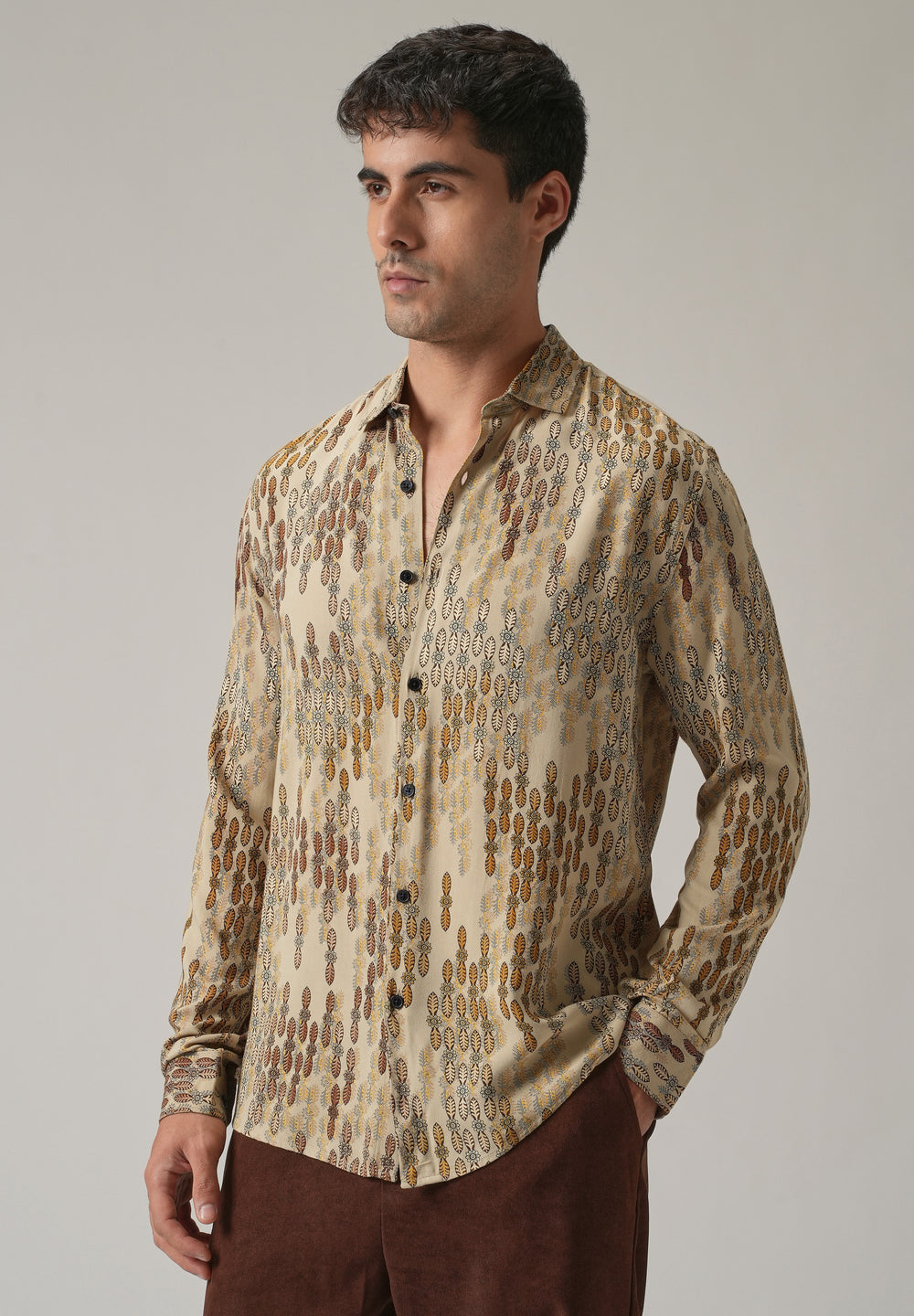 Beige Ethnic Print Feather Shirt