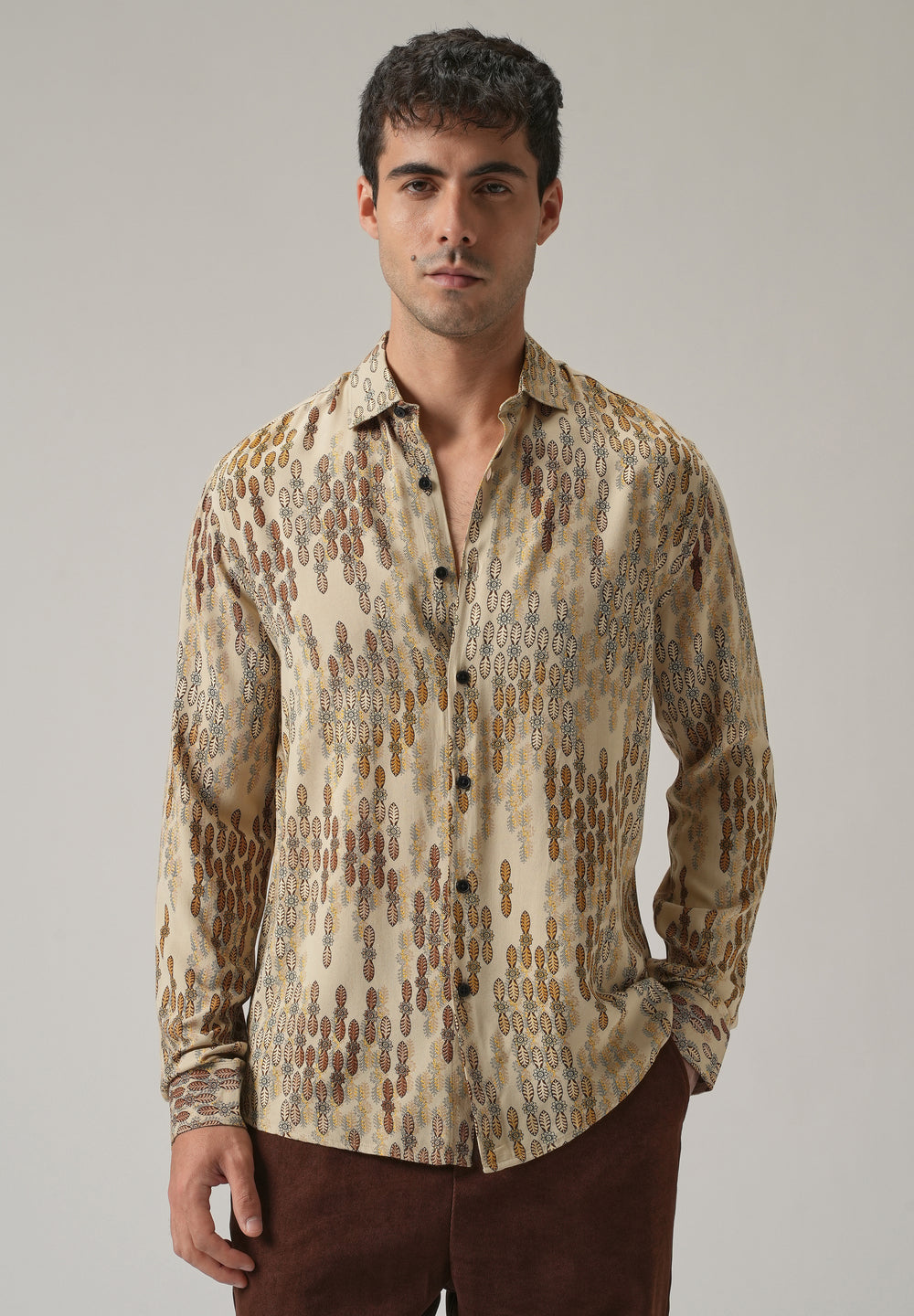 Beige Ethnic Print Feather Shirt