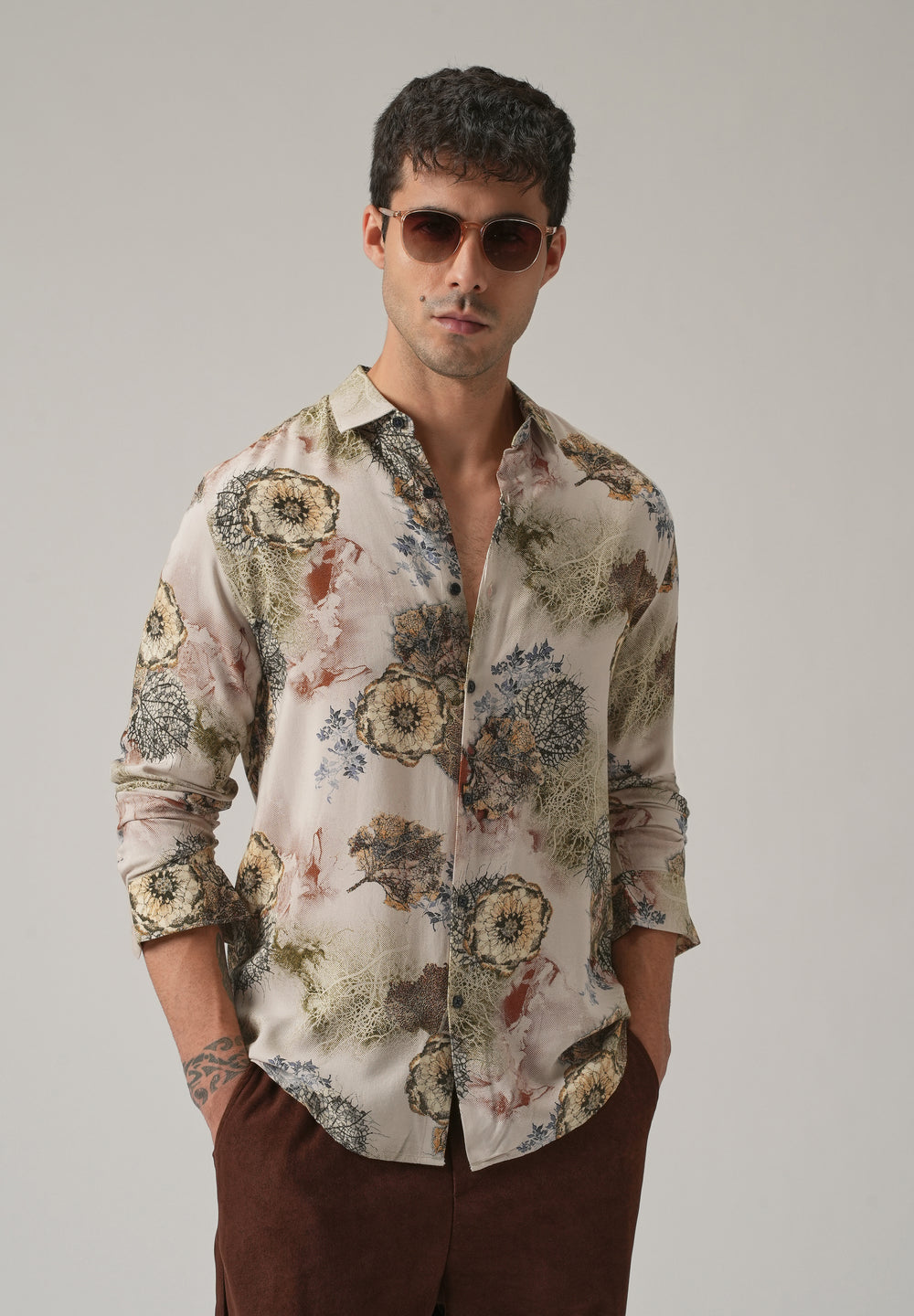 Beige Flora Print Feather Shirt