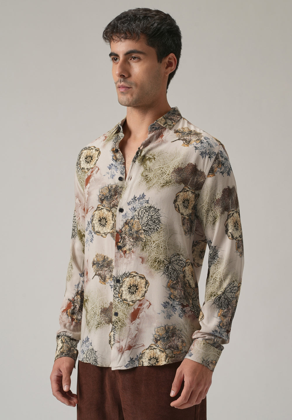 Beige Flora Print Feather Shirt