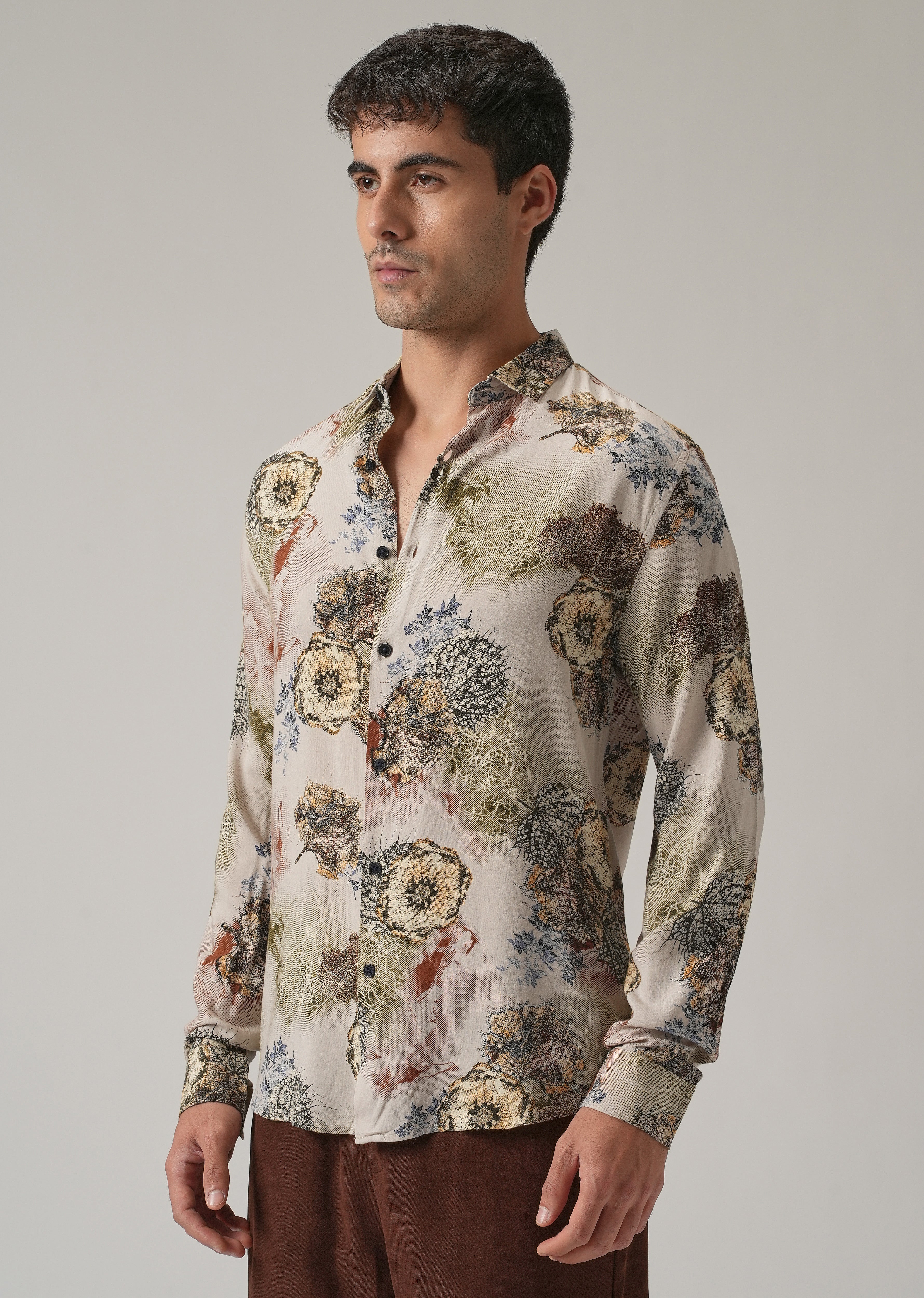 Beige Flora Print Feather Shirt