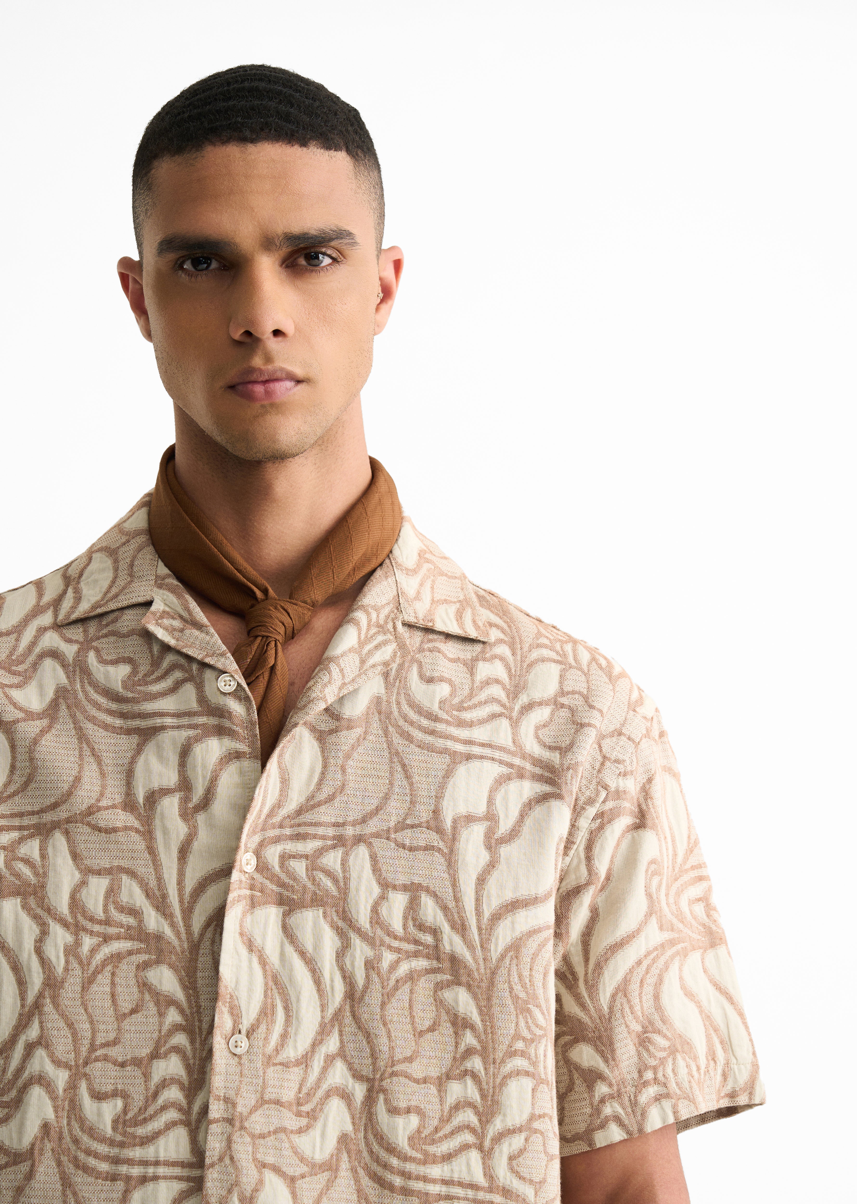 Beige Floral Jacquard Boxy Shirt