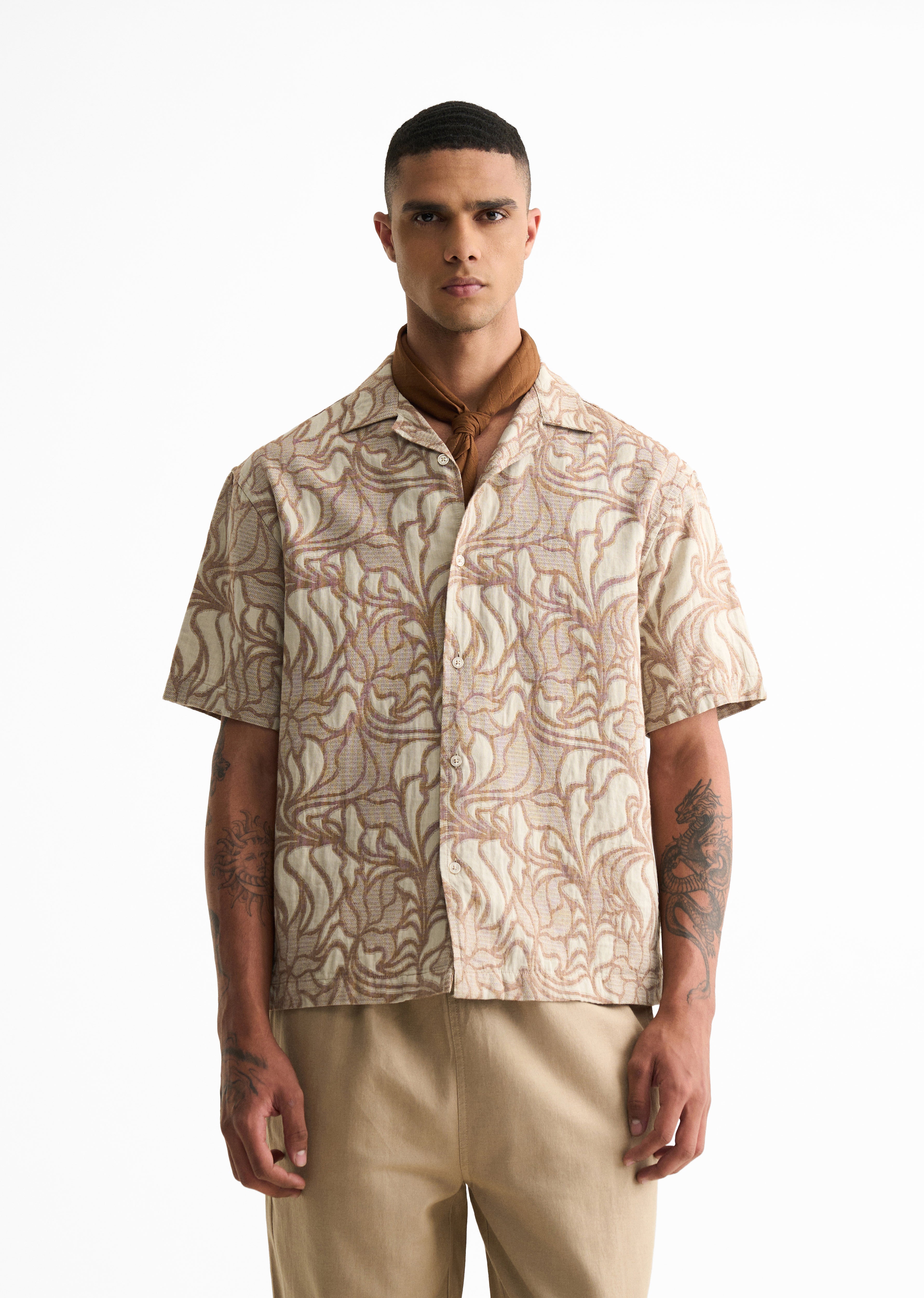 Beige Floral Jacquard Boxy Shirt